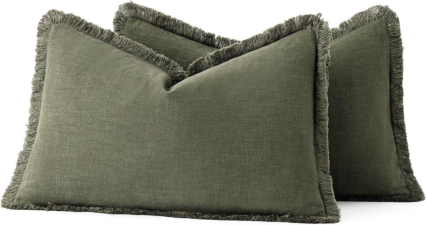 imageMIULEE Christmas Decorative Throw Pillow Covers Neutral Linen Fringe Throw Pillows Set of 2 Natural Beige Boho Farmhouse Cushion Covers with Tassels for Couch Sofa Bed Living Room Decor 18x18 InchOlive Green