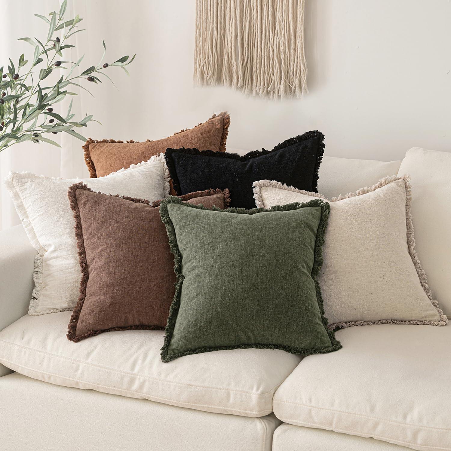imageMIULEE Christmas Decorative Throw Pillow Covers Neutral Linen Fringe Throw Pillows Set of 2 Natural Beige Boho Farmhouse Cushion Covers with Tassels for Couch Sofa Bed Living Room Decor 18x18 InchBlack