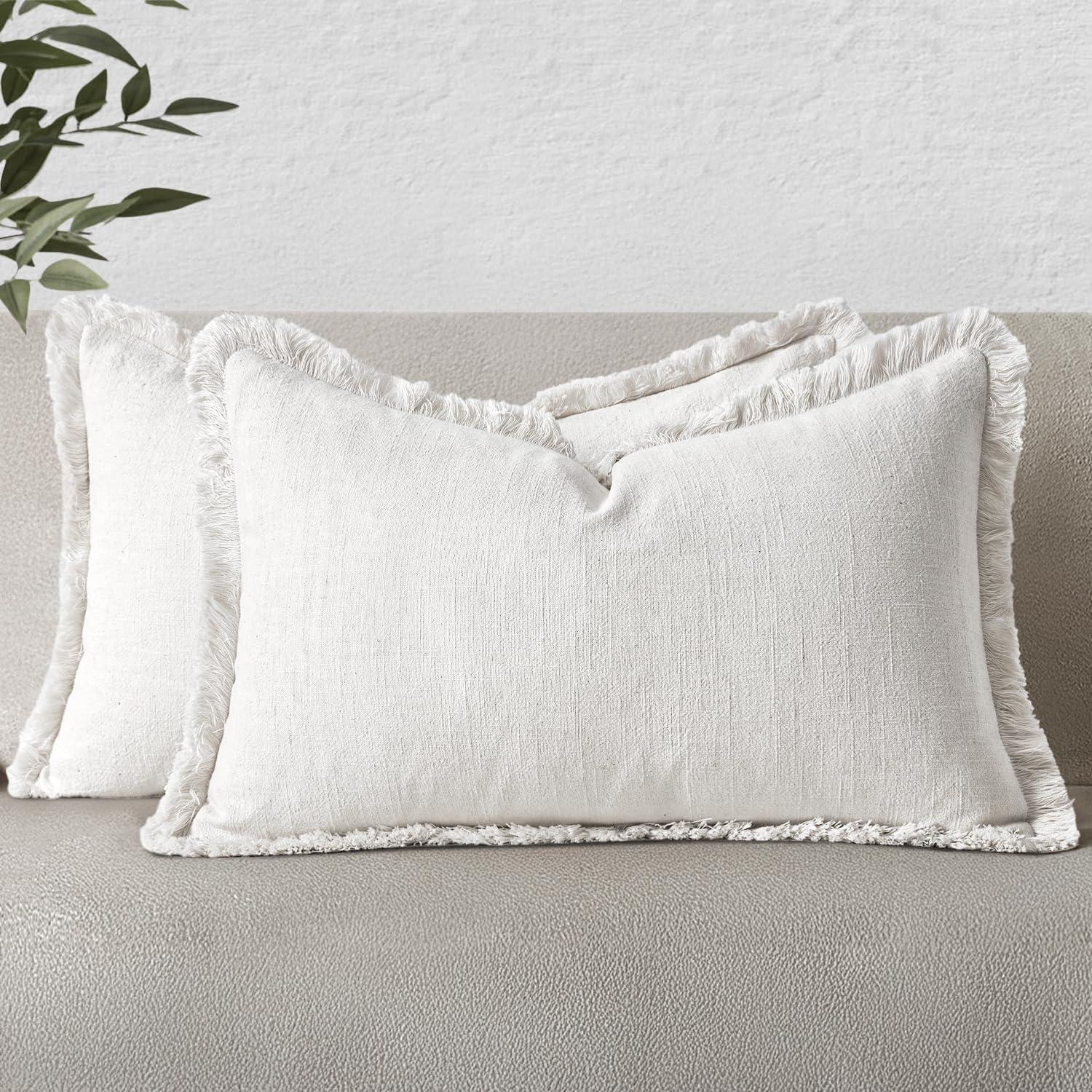 imageMIULEE Christmas Decorative Throw Pillow Covers Neutral Linen Fringe Throw Pillows Set of 2 Natural Beige Boho Farmhouse Cushion Covers with Tassels for Couch Sofa Bed Living Room Decor 18x18 InchWhite