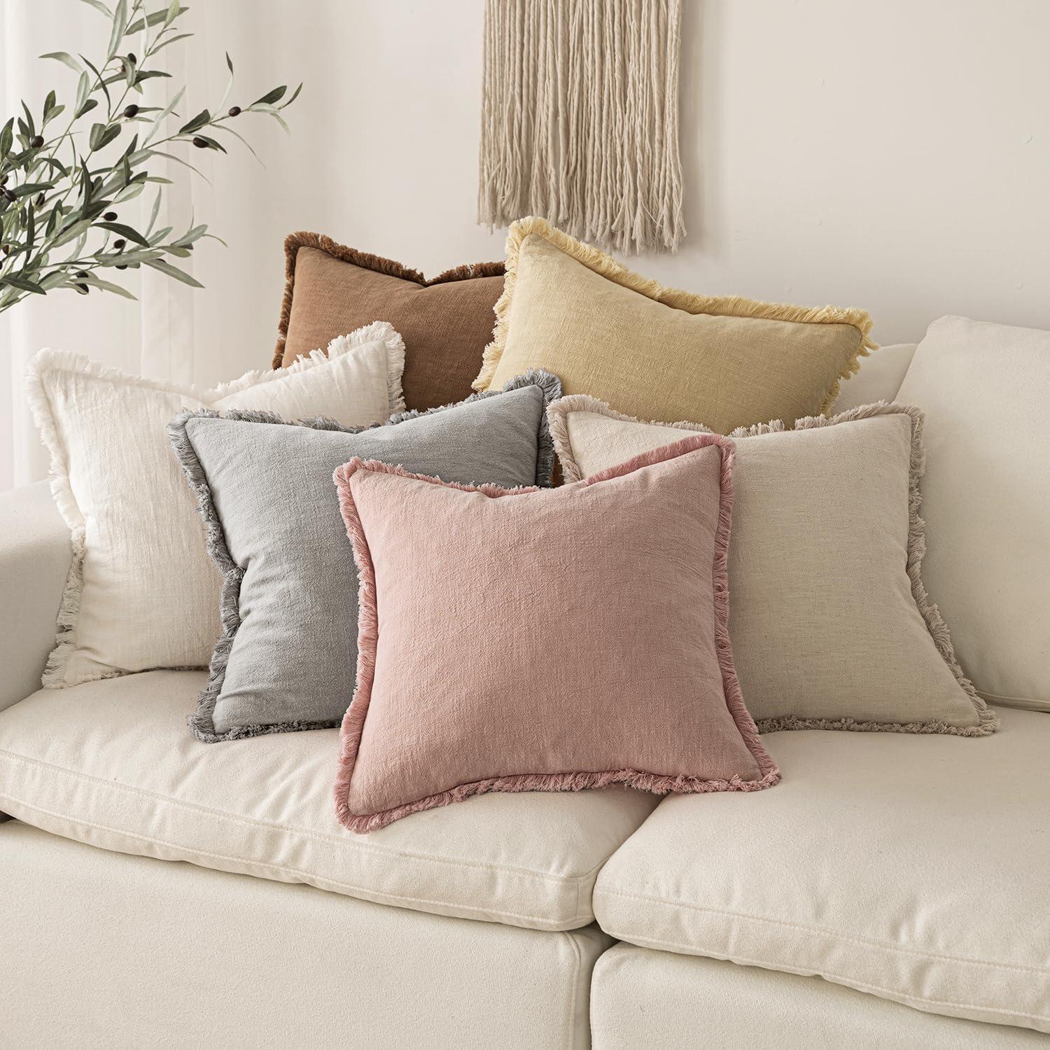 imageMIULEE Christmas Decorative Throw Pillow Covers Neutral Linen Fringe Throw Pillows Set of 2 Natural Beige Boho Farmhouse Cushion Covers with Tassels for Couch Sofa Bed Living Room Decor 18x18 InchPink