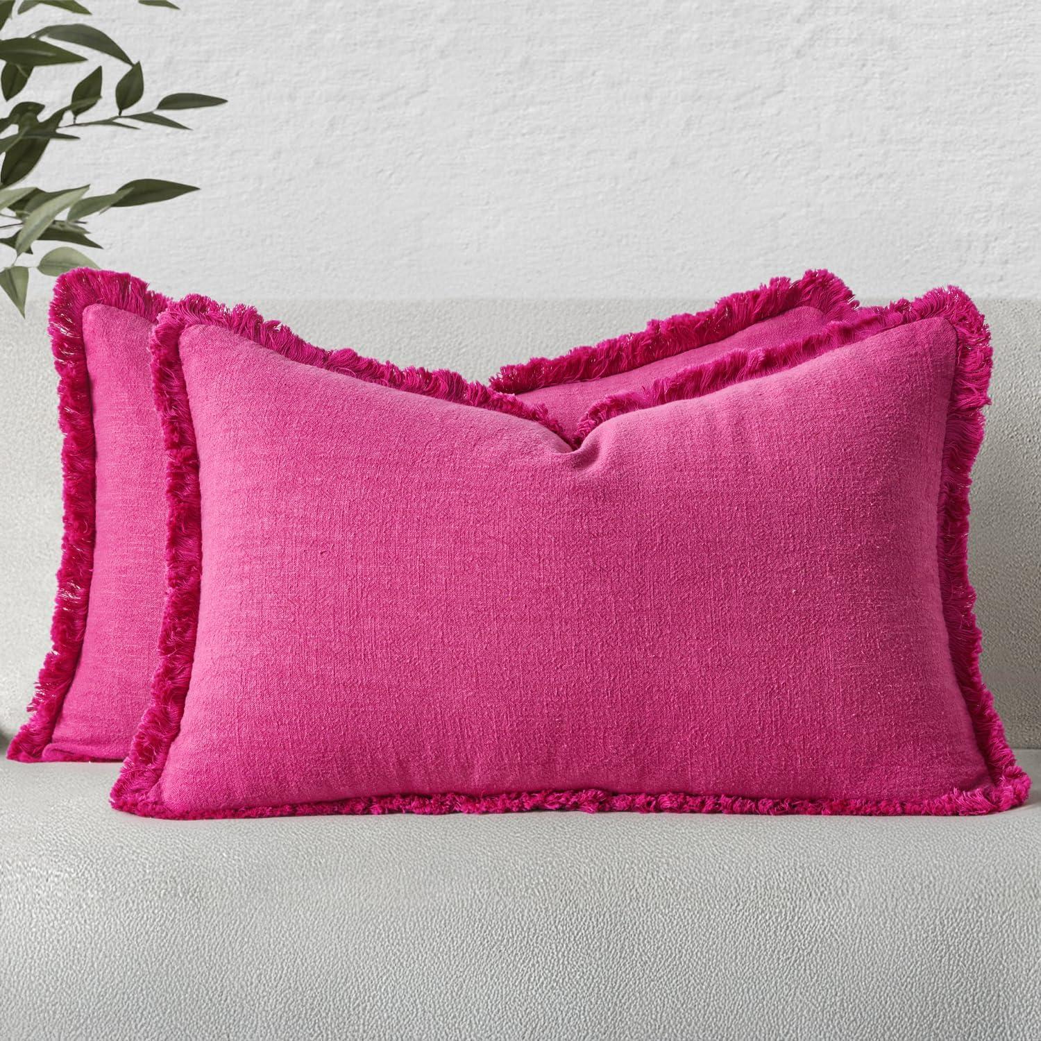 imageMIULEE Christmas Decorative Throw Pillow Covers Neutral Linen Fringe Throw Pillows Set of 2 Natural Beige Boho Farmhouse Cushion Covers with Tassels for Couch Sofa Bed Living Room Decor 18x18 InchHot Pink