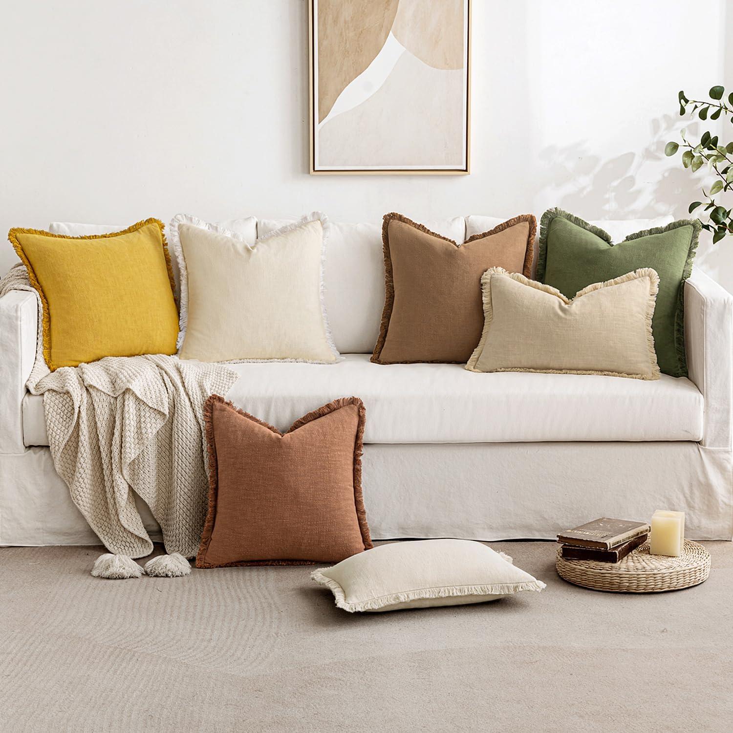 imageMIULEE Christmas Decorative Throw Pillow Covers Neutral Linen Fringe Throw Pillows Set of 2 Natural Beige Boho Farmhouse Cushion Covers with Tassels for Couch Sofa Bed Living Room Decor 18x18 InchMustard Yellow