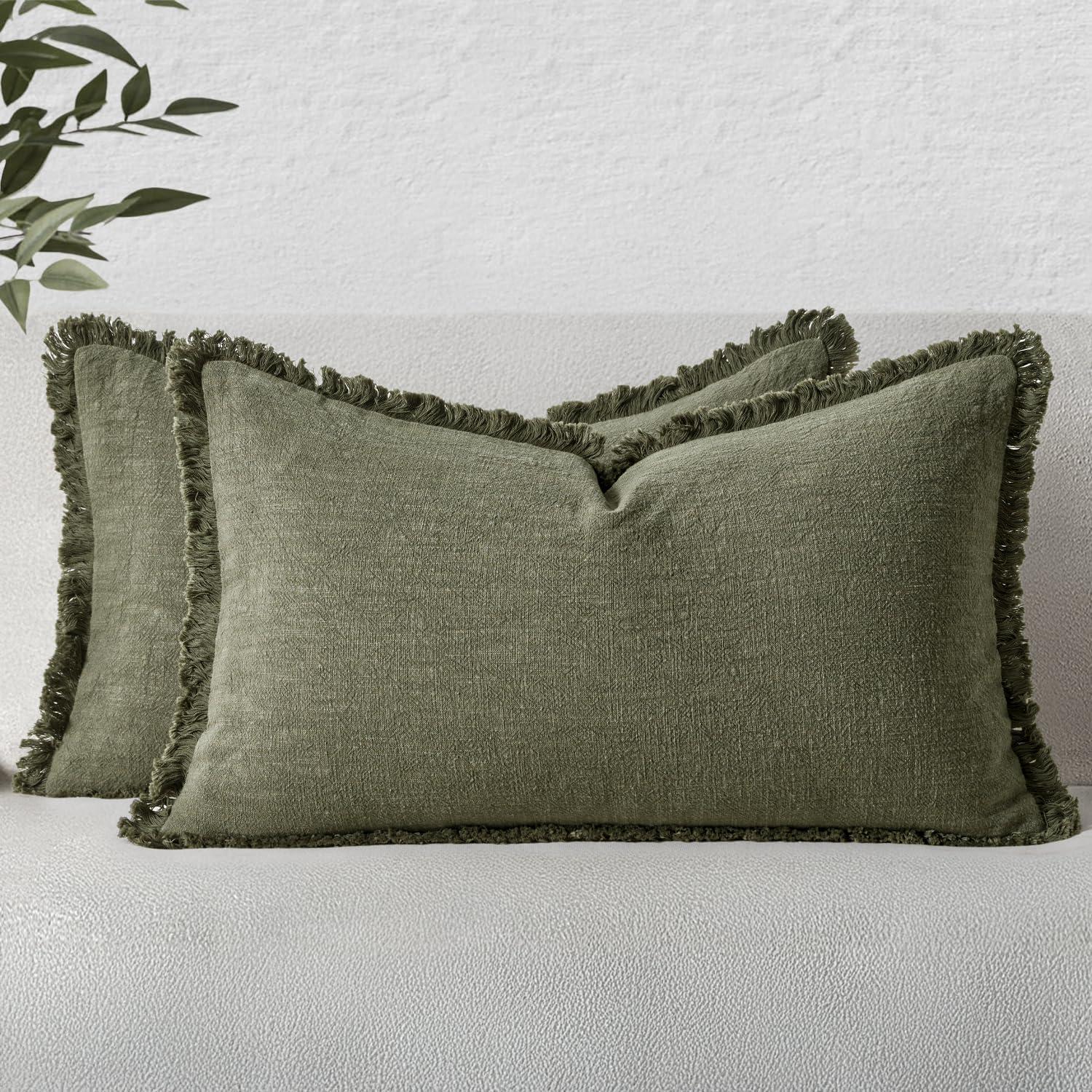 imageMIULEE Christmas Decorative Throw Pillow Covers Neutral Linen Fringe Throw Pillows Set of 2 Natural Beige Boho Farmhouse Cushion Covers with Tassels for Couch Sofa Bed Living Room Decor 18x18 InchOlive Green