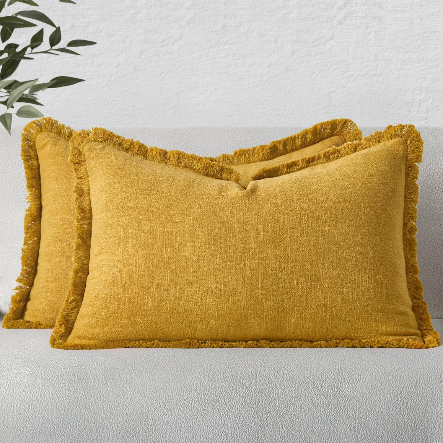 imageMIULEE Christmas Decorative Throw Pillow Covers Neutral Linen Fringe Throw Pillows Set of 2 Natural Beige Boho Farmhouse Cushion Covers with Tassels for Couch Sofa Bed Living Room Decor 18x18 InchMustard Yellow