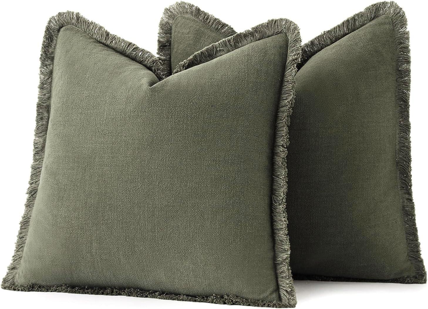 imageMIULEE Christmas Decorative Throw Pillow Covers Neutral Linen Fringe Throw Pillows Set of 2 Natural Beige Boho Farmhouse Cushion Covers with Tassels for Couch Sofa Bed Living Room Decor 18x18 InchOlive Green