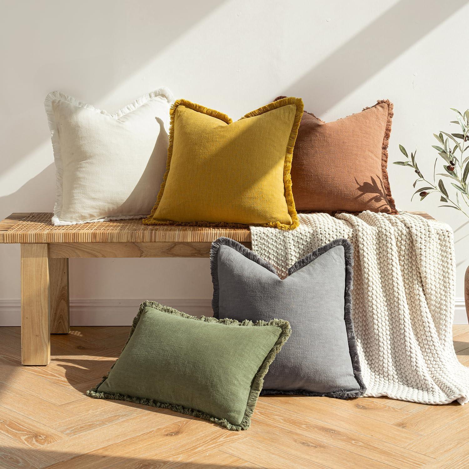 imageMIULEE Christmas Decorative Throw Pillow Covers Neutral Linen Fringe Throw Pillows Set of 2 Natural Beige Boho Farmhouse Cushion Covers with Tassels for Couch Sofa Bed Living Room Decor 18x18 InchMustard Yellow