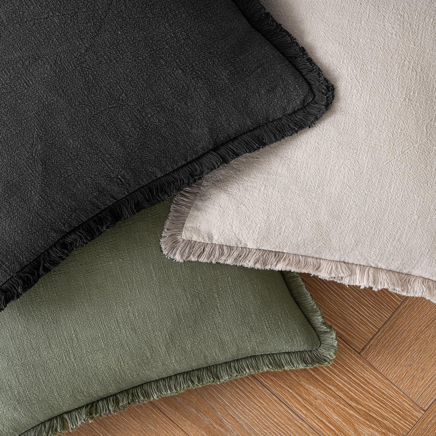 imageMIULEE Christmas Decorative Throw Pillow Covers Neutral Linen Fringe Throw Pillows Set of 2 Natural Beige Boho Farmhouse Cushion Covers with Tassels for Couch Sofa Bed Living Room Decor 18x18 InchBlack