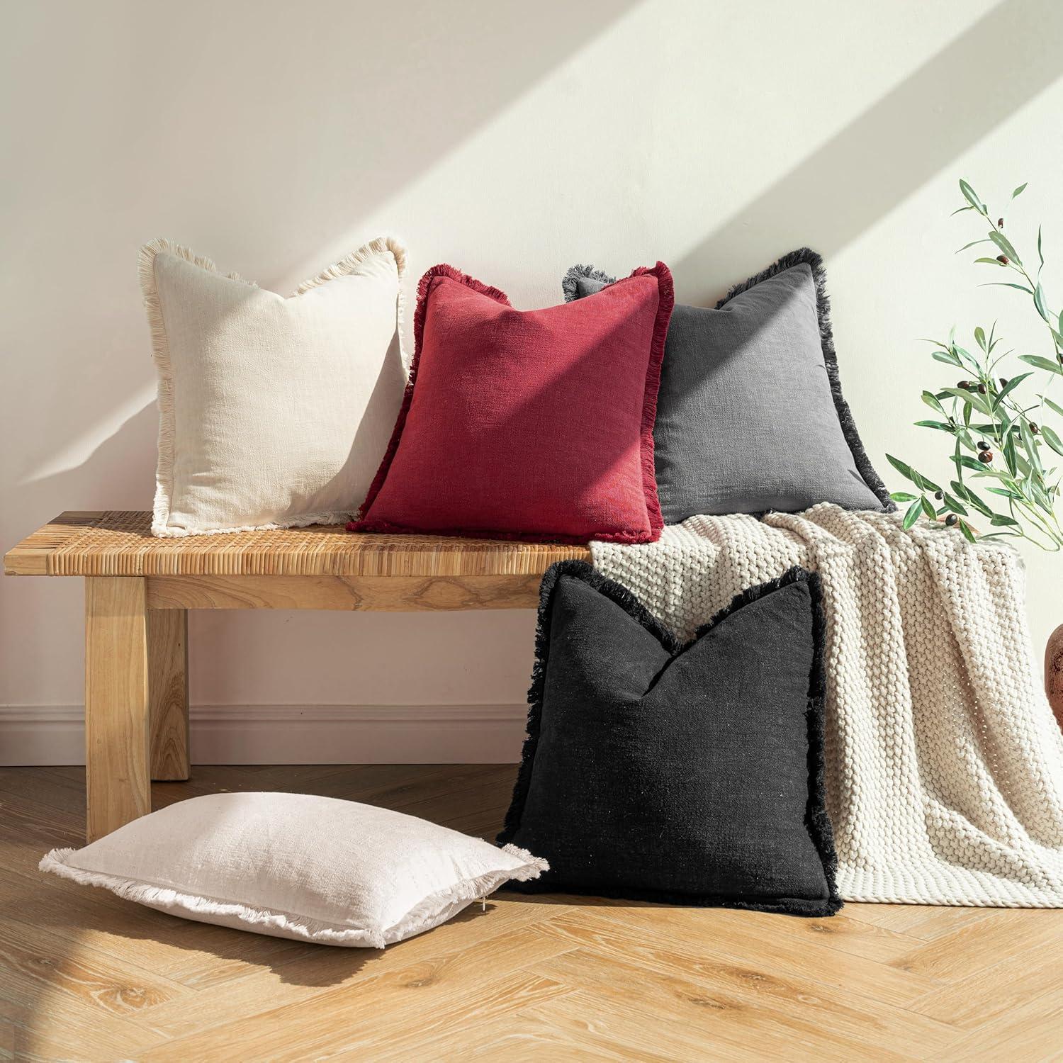 imageMIULEE Christmas Decorative Throw Pillow Covers Neutral Linen Fringe Throw Pillows Set of 2 Natural Beige Boho Farmhouse Cushion Covers with Tassels for Couch Sofa Bed Living Room Decor 18x18 InchBurgundy