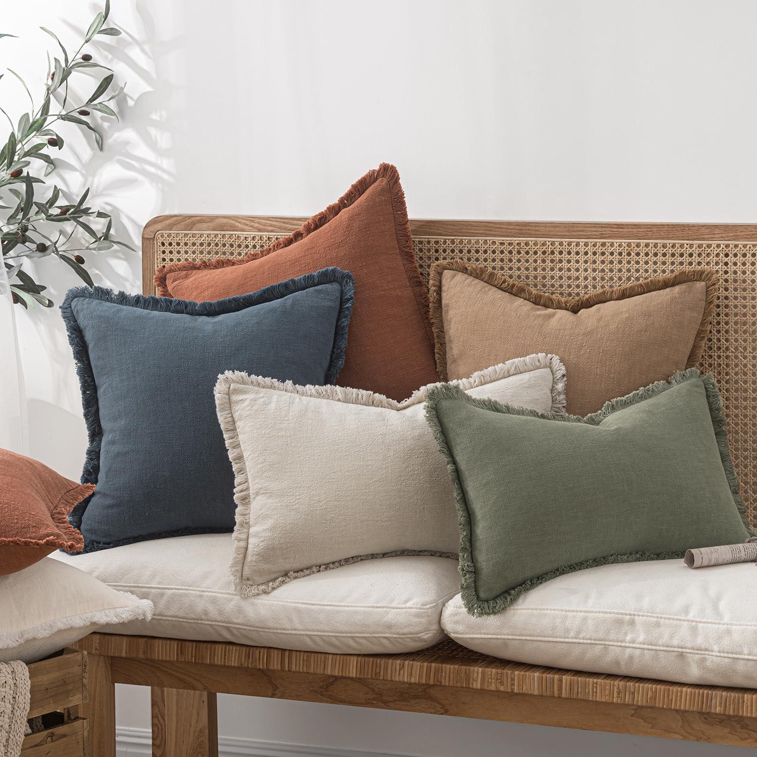 imageMIULEE Christmas Decorative Throw Pillow Covers Neutral Linen Fringe Throw Pillows Set of 2 Natural Beige Boho Farmhouse Cushion Covers with Tassels for Couch Sofa Bed Living Room Decor 18x18 InchBrown