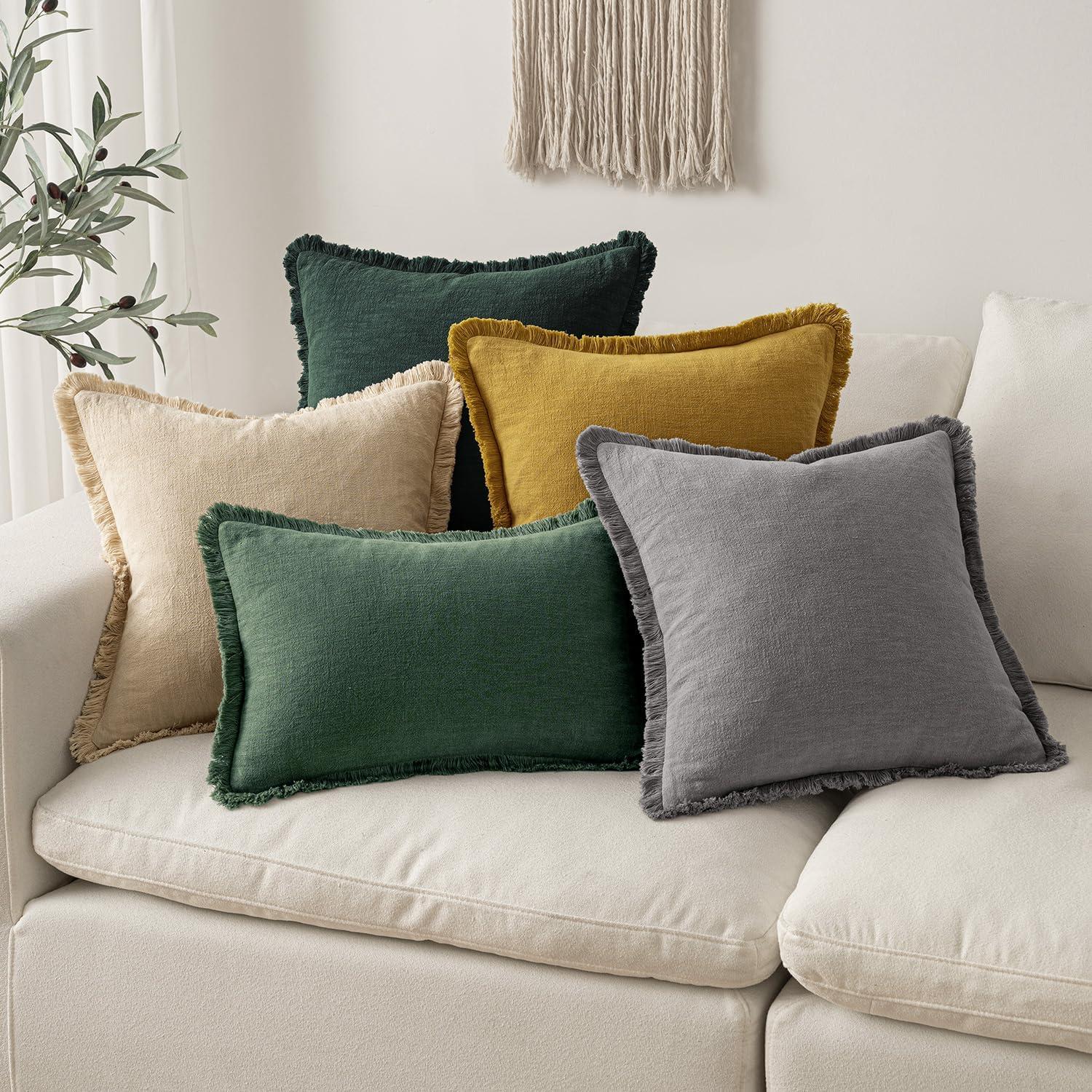 imageMIULEE Christmas Decorative Throw Pillow Covers Neutral Linen Fringe Throw Pillows Set of 2 Natural Beige Boho Farmhouse Cushion Covers with Tassels for Couch Sofa Bed Living Room Decor 18x18 InchArmy Green