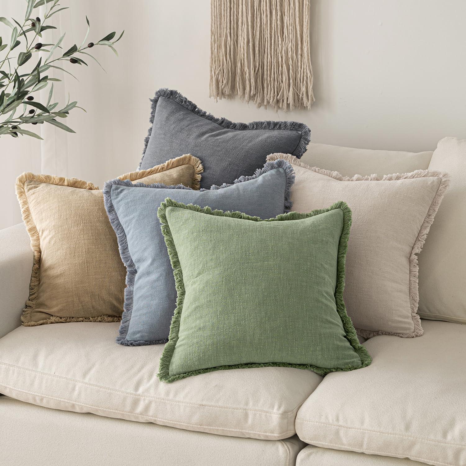 imageMIULEE Christmas Decorative Throw Pillow Covers Neutral Linen Fringe Throw Pillows Set of 2 Natural Beige Boho Farmhouse Cushion Covers with Tassels for Couch Sofa Bed Living Room Decor 18x18 InchSage Green
