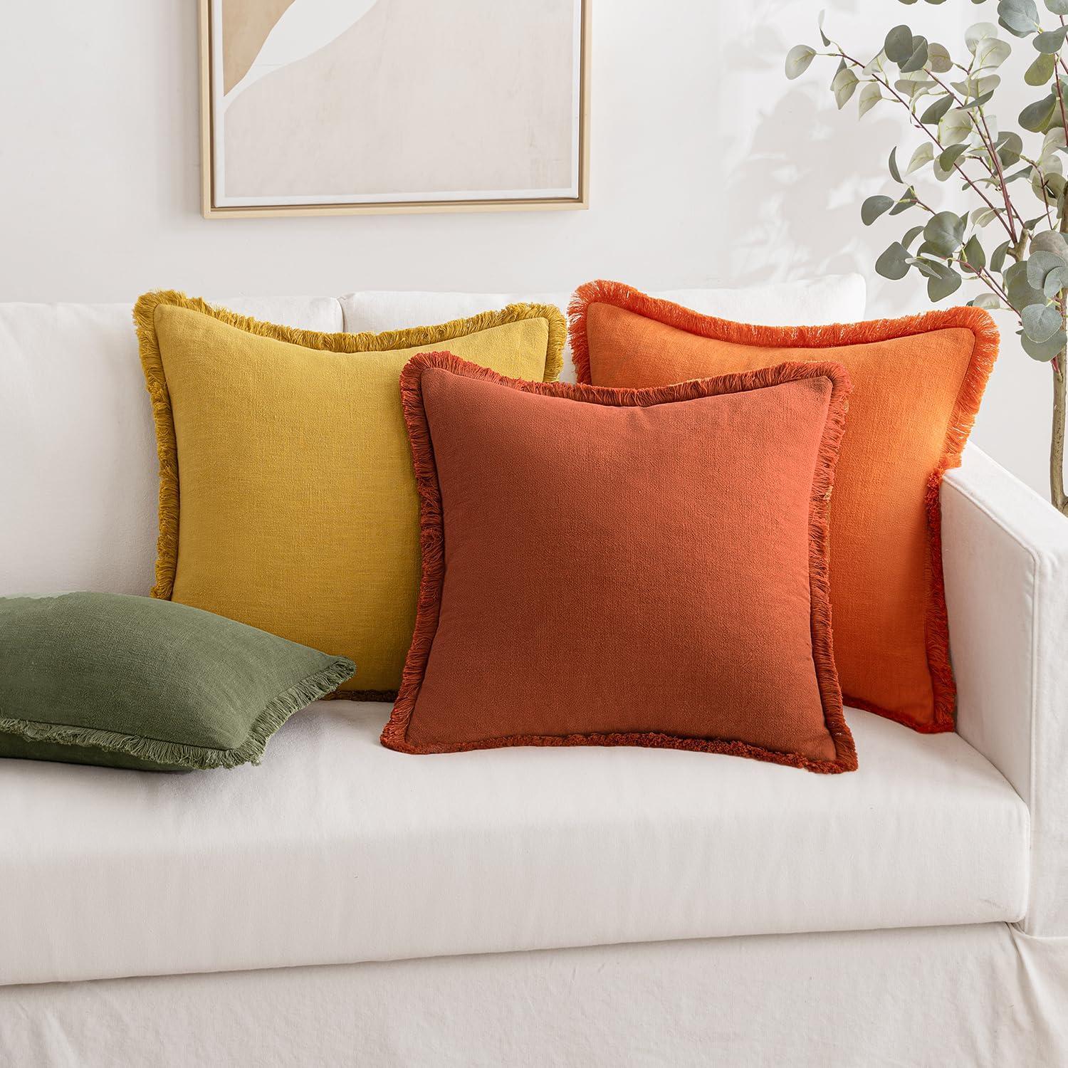 imageMIULEE Christmas Decorative Throw Pillow Covers Neutral Linen Fringe Throw Pillows Set of 2 Natural Beige Boho Farmhouse Cushion Covers with Tassels for Couch Sofa Bed Living Room Decor 18x18 InchBurnt Orange