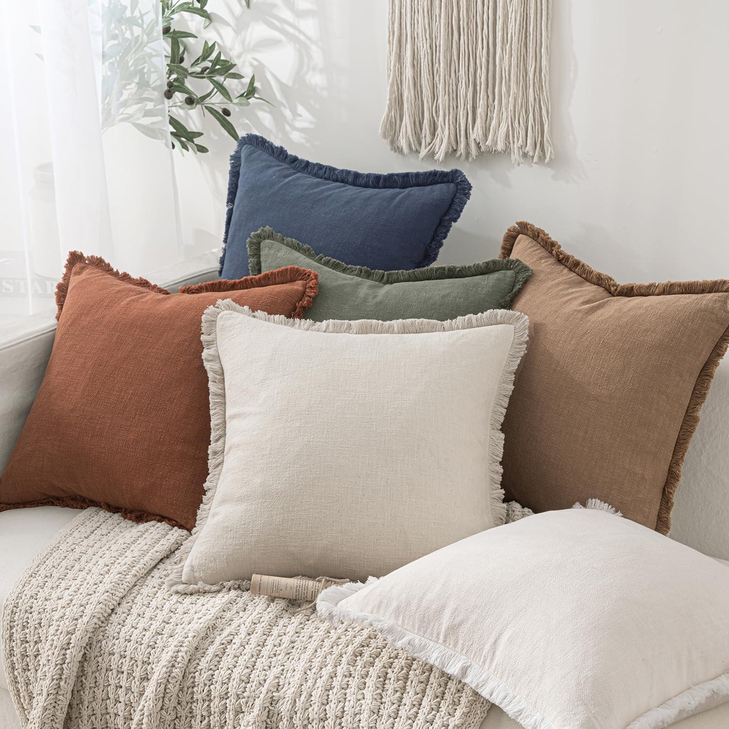 imageMIULEE Christmas Decorative Throw Pillow Covers Neutral Linen Fringe Throw Pillows Set of 2 Natural Beige Boho Farmhouse Cushion Covers with Tassels for Couch Sofa Bed Living Room Decor 18x18 InchBrown
