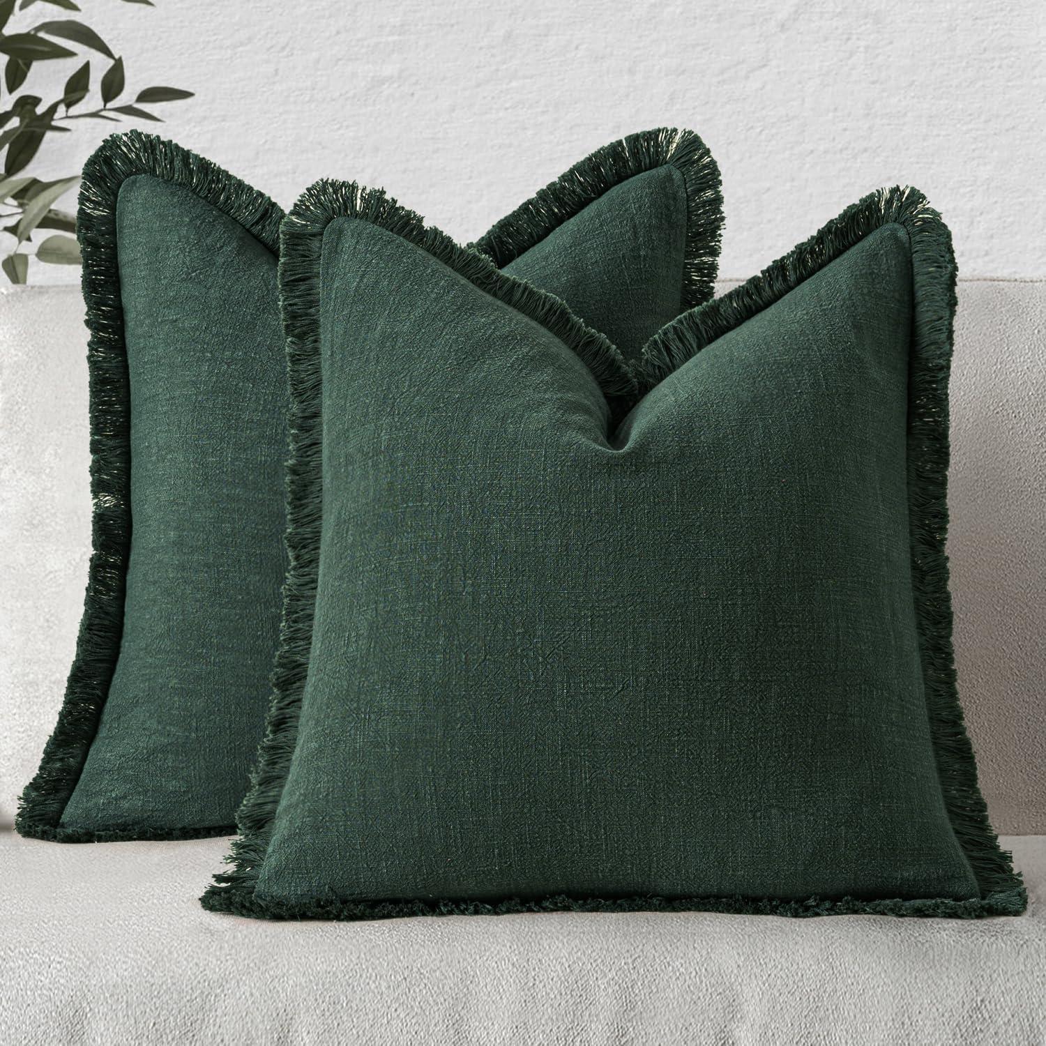 imageMIULEE Christmas Decorative Throw Pillow Covers Neutral Linen Fringe Throw Pillows Set of 2 Natural Beige Boho Farmhouse Cushion Covers with Tassels for Couch Sofa Bed Living Room Decor 18x18 InchArmy Green
