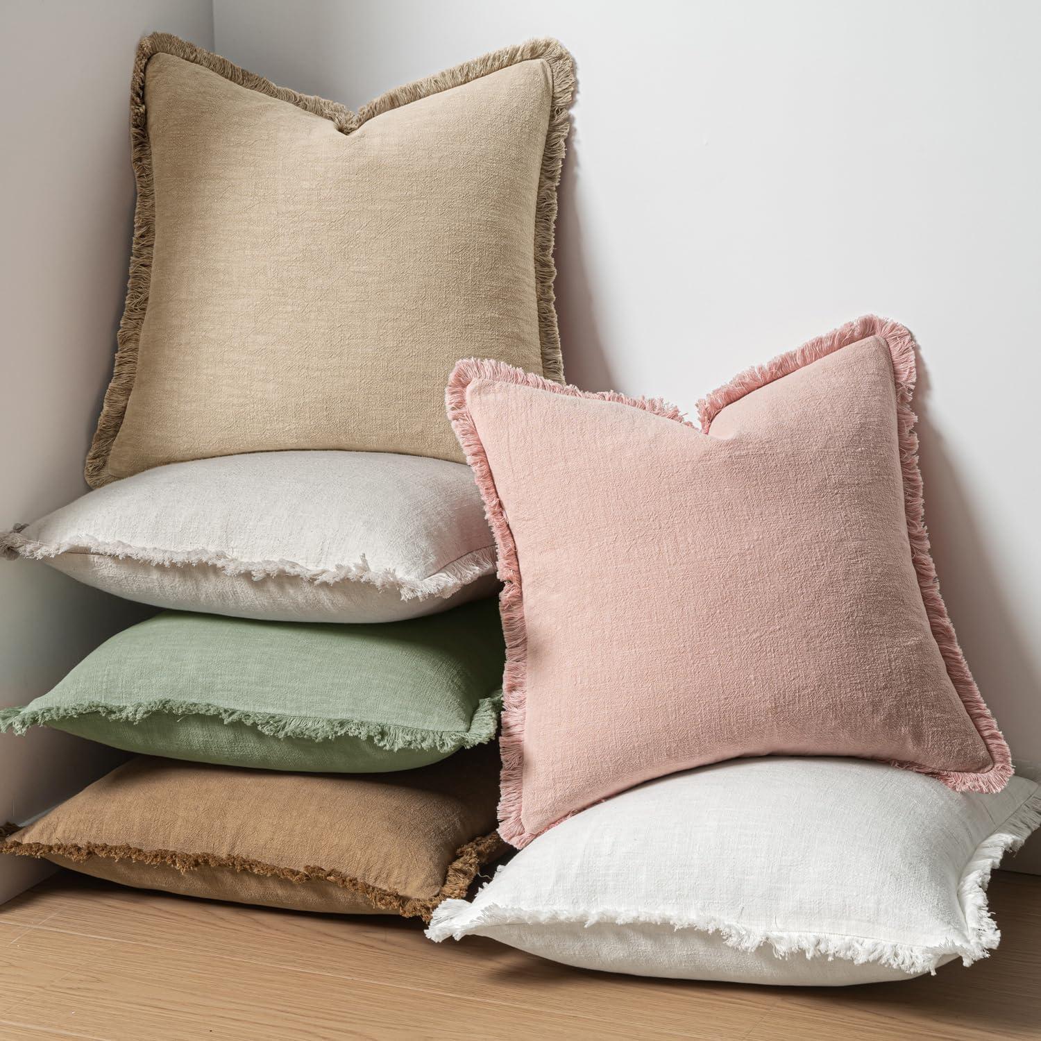 imageMIULEE Christmas Decorative Throw Pillow Covers Neutral Linen Fringe Throw Pillows Set of 2 Natural Beige Boho Farmhouse Cushion Covers with Tassels for Couch Sofa Bed Living Room Decor 18x18 InchSage Green