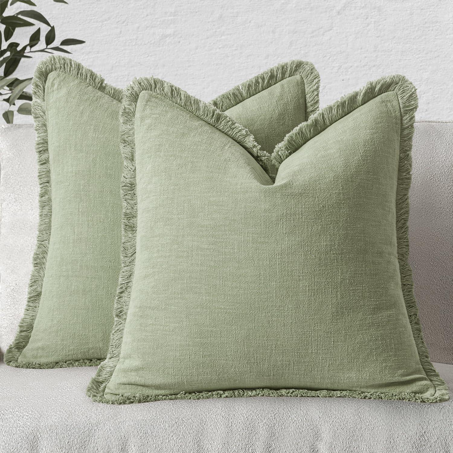 imageMIULEE Christmas Decorative Throw Pillow Covers Neutral Linen Fringe Throw Pillows Set of 2 Natural Beige Boho Farmhouse Cushion Covers with Tassels for Couch Sofa Bed Living Room Decor 18x18 InchSage Green