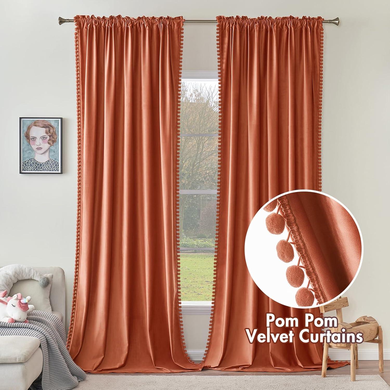imageMIULEE Christmas Emerald Green Pom Pom Velvet Curtains for BedroomLiving Room Darkening Thermal Insulating 84 Inches Long Blackout Curtain with Rod Pocket for Girls RoomNurseryHome Theater Set of 2Burnt Orange