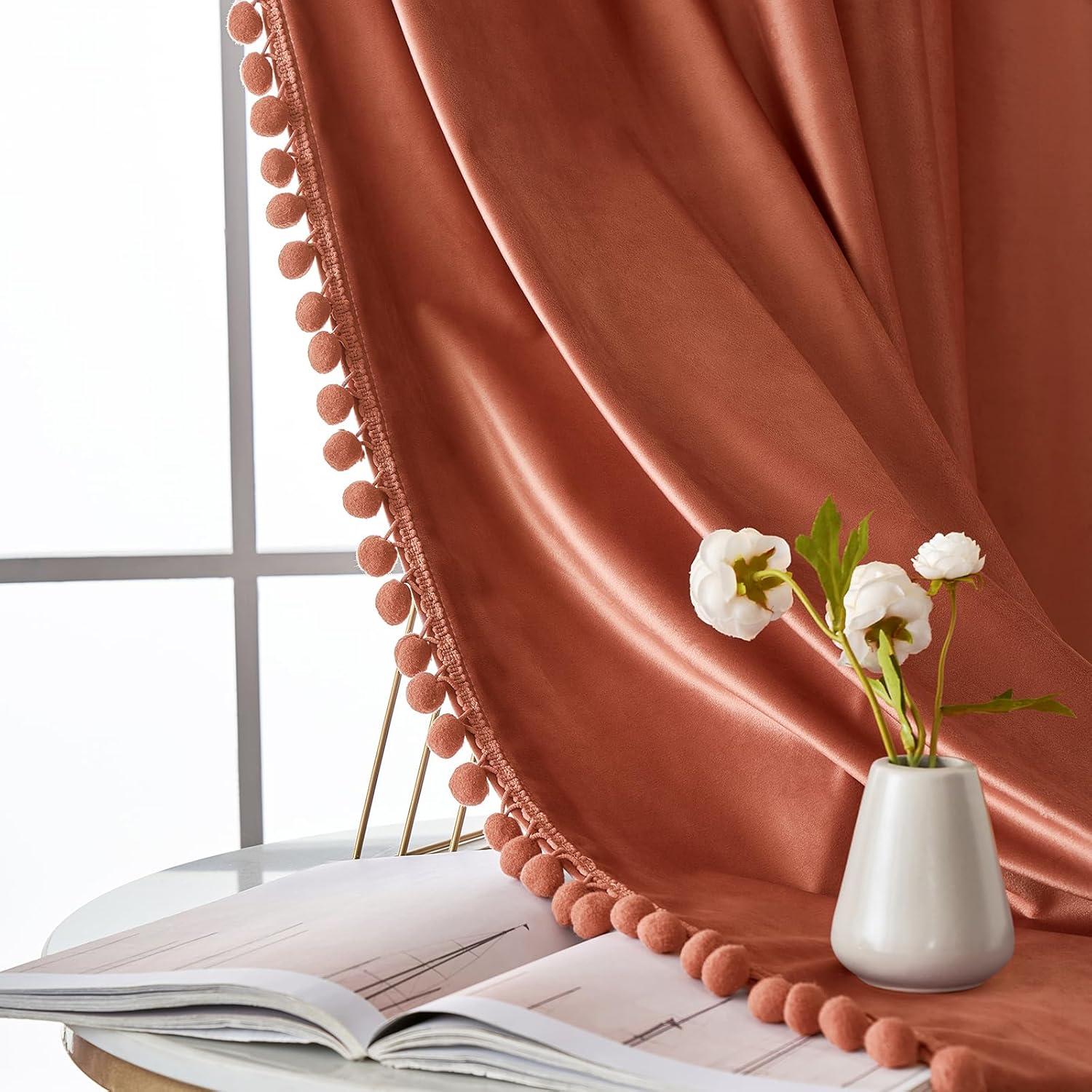 imageMIULEE Christmas Emerald Green Pom Pom Velvet Curtains for BedroomLiving Room Darkening Thermal Insulating 84 Inches Long Blackout Curtain with Rod Pocket for Girls RoomNurseryHome Theater Set of 2Burnt Orange