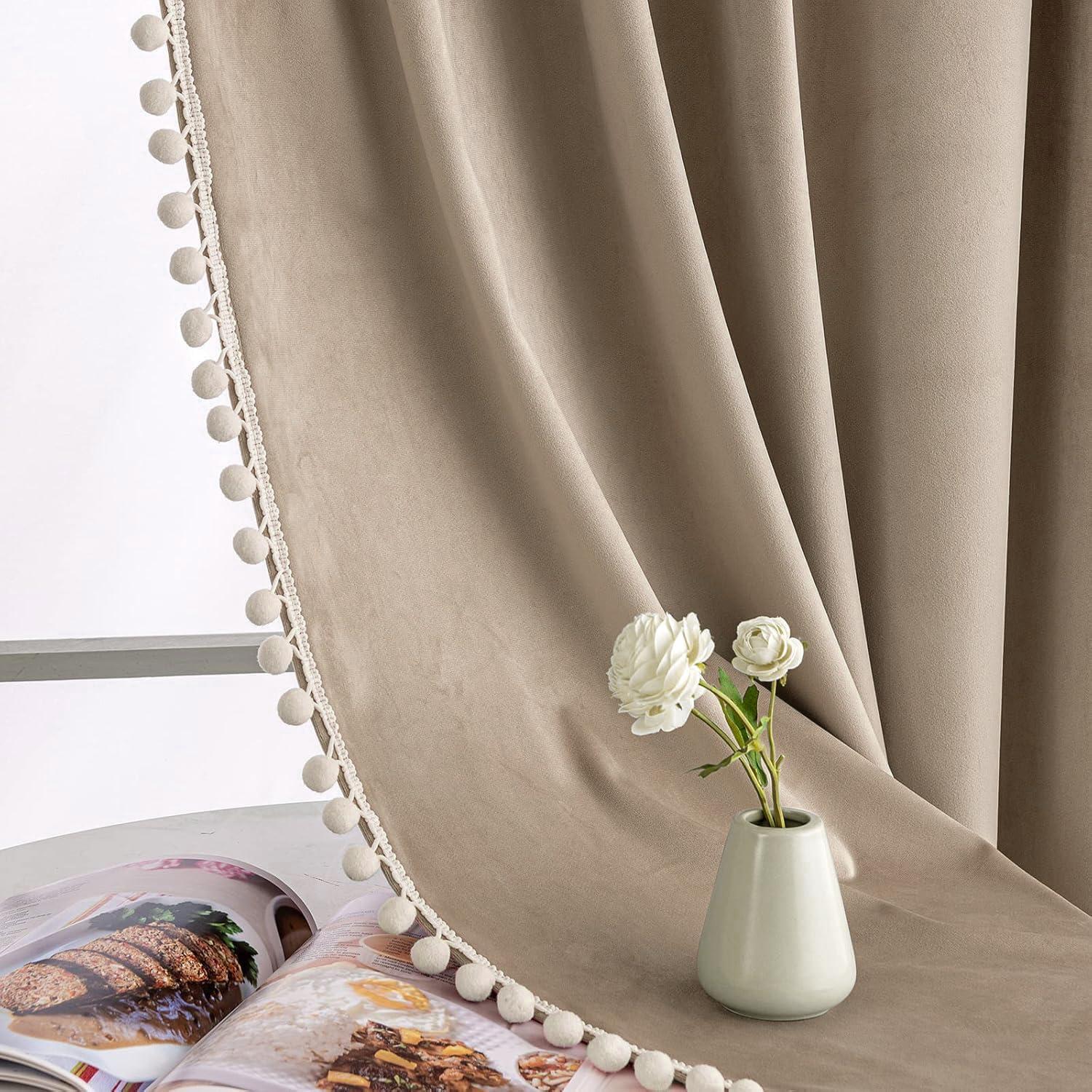 imageMIULEE Christmas Emerald Green Pom Pom Velvet Curtains for BedroomLiving Room Darkening Thermal Insulating 84 Inches Long Blackout Curtain with Rod Pocket for Girls RoomNurseryHome Theater Set of 2Camel Beige