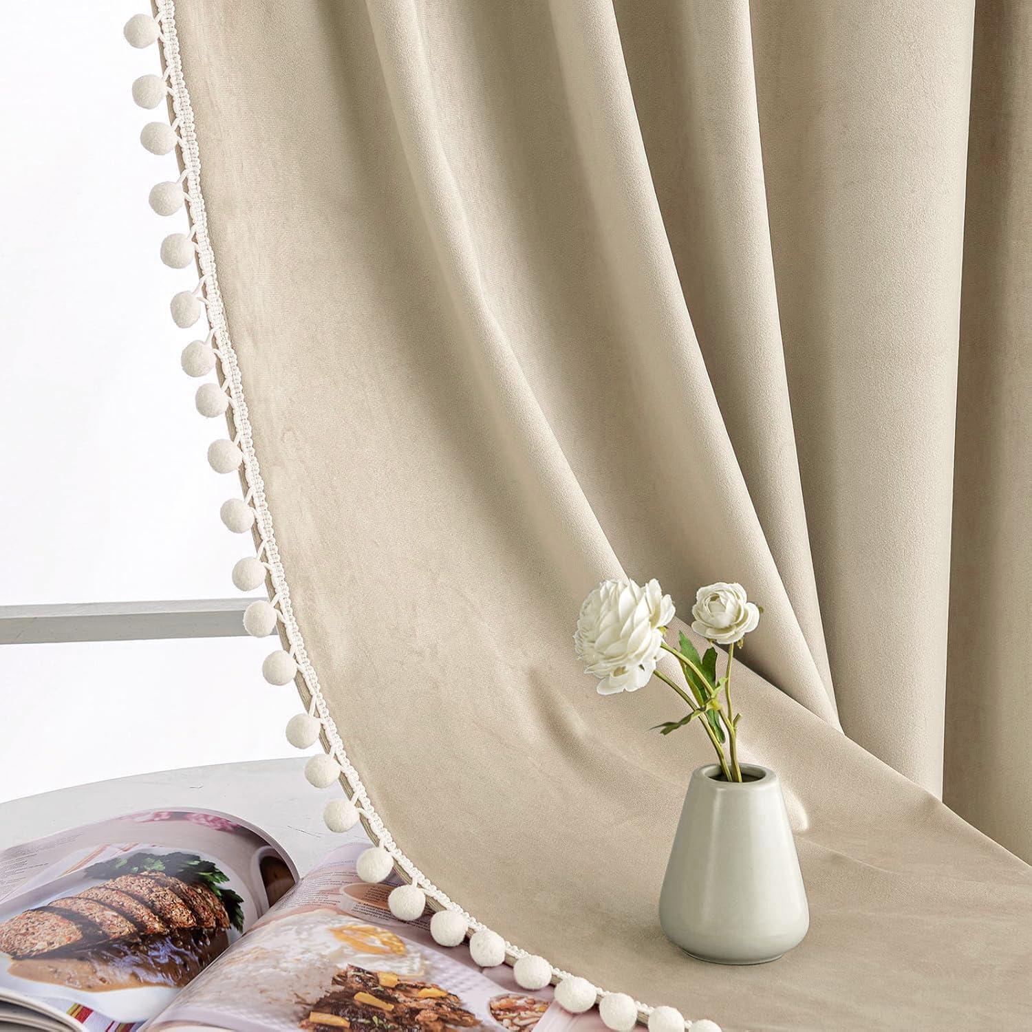 imageMIULEE Christmas Emerald Green Pom Pom Velvet Curtains for BedroomLiving Room Darkening Thermal Insulating 84 Inches Long Blackout Curtain with Rod Pocket for Girls RoomNurseryHome Theater Set of 2Beige
