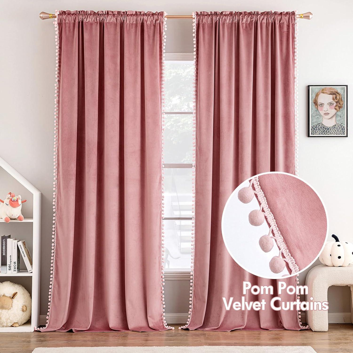 imageMIULEE Christmas Emerald Green Pom Pom Velvet Curtains for BedroomLiving Room Darkening Thermal Insulating 84 Inches Long Blackout Curtain with Rod Pocket for Girls RoomNurseryHome Theater Set of 2Blush Pink