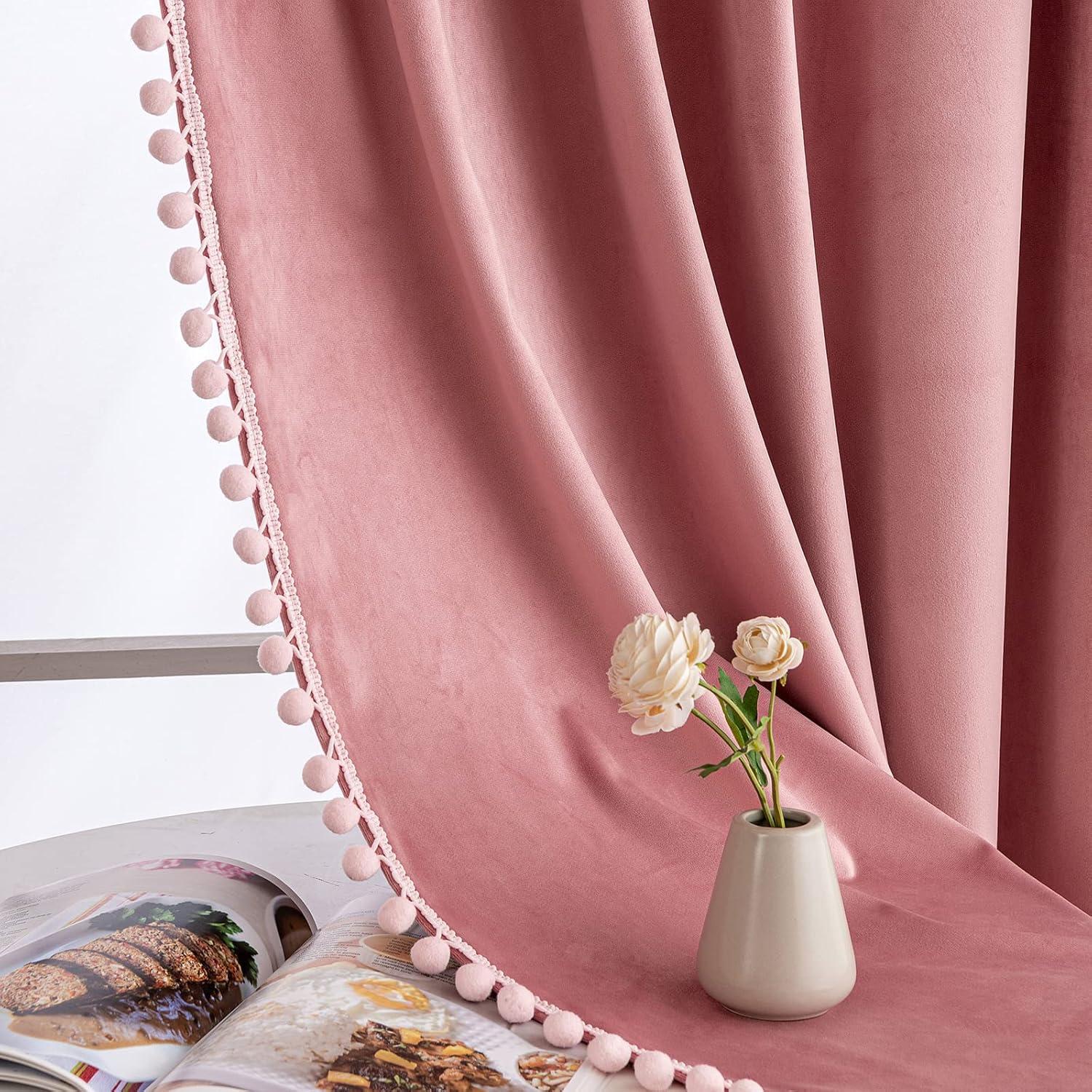 imageMIULEE Christmas Emerald Green Pom Pom Velvet Curtains for BedroomLiving Room Darkening Thermal Insulating 84 Inches Long Blackout Curtain with Rod Pocket for Girls RoomNurseryHome Theater Set of 2Blush Pink