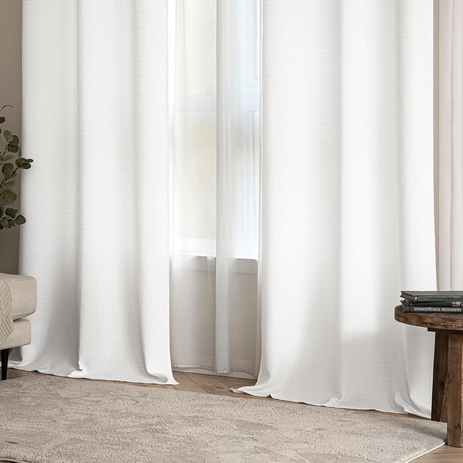 imageMIULEE Christmas Hunter Green Faux Linen Textured Curtains 84 Inch Length 2 Panels Set for Living Room Bedroom Farmhouse Burlap Weave Semi Sheer Grommet Top Light Filtering Window Drapes W37xL84White