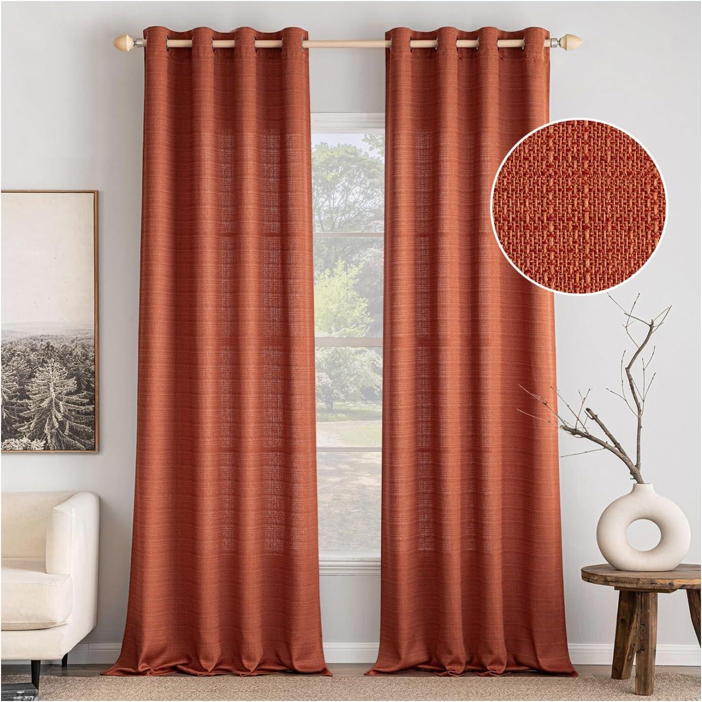 imageMIULEE Christmas Hunter Green Faux Linen Textured Curtains 84 Inch Length 2 Panels Set for Living Room Bedroom Farmhouse Burlap Weave Semi Sheer Grommet Top Light Filtering Window Drapes W37xL84Terracotta