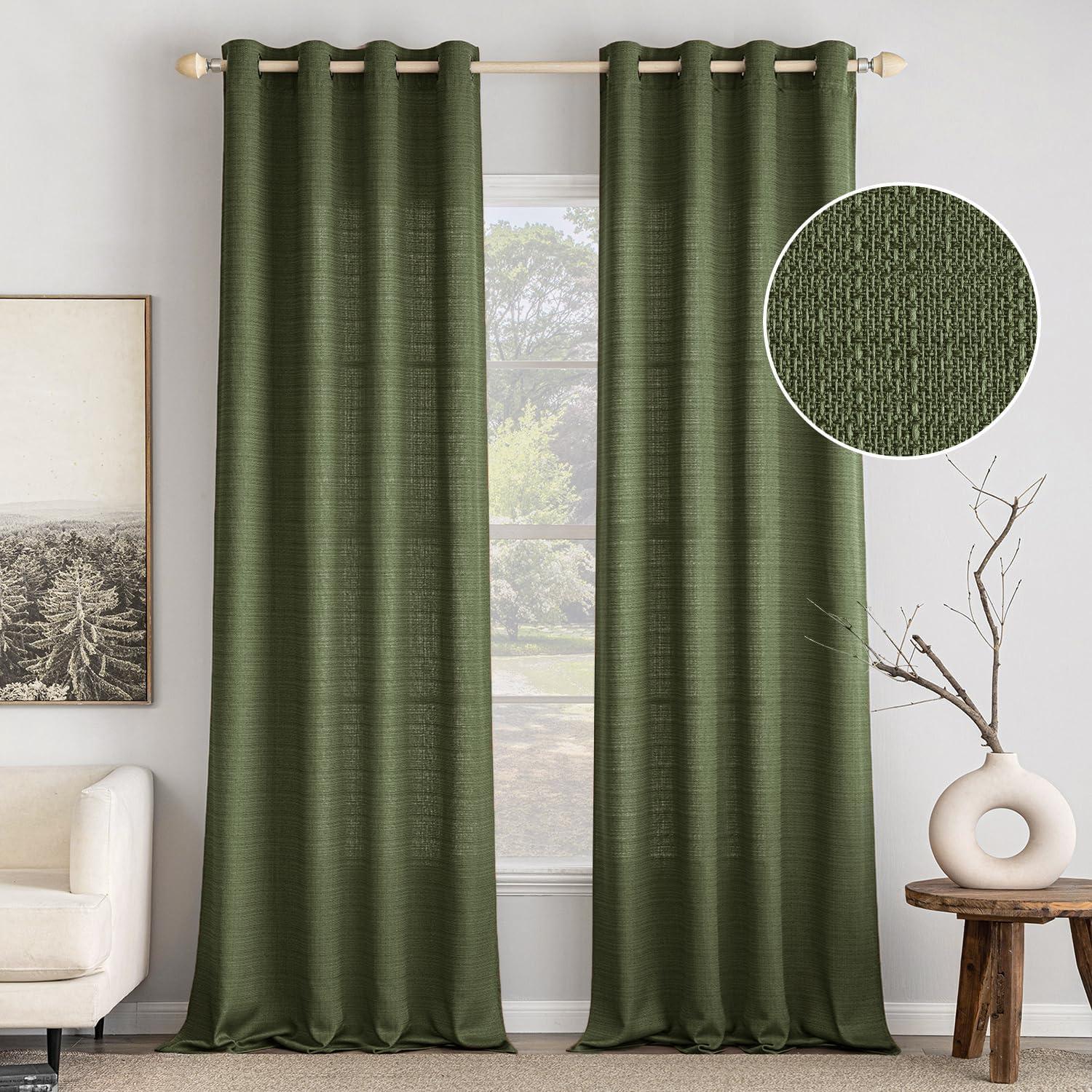 imageMIULEE Christmas Hunter Green Faux Linen Textured Curtains 84 Inch Length 2 Panels Set for Living Room Bedroom Farmhouse Burlap Weave Semi Sheer Grommet Top Light Filtering Window Drapes W37xL84Olive Green