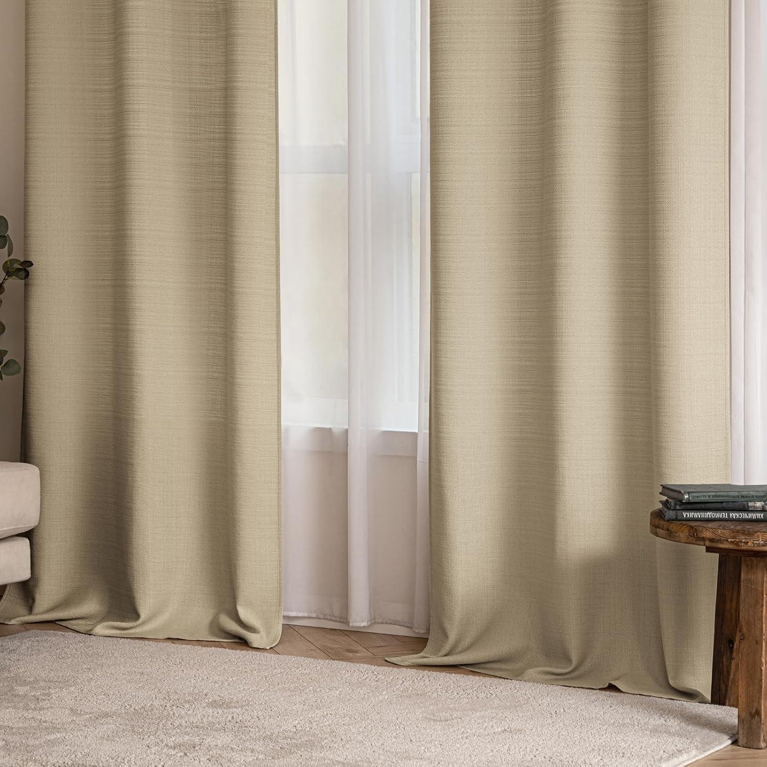 imageMIULEE Christmas Hunter Green Faux Linen Textured Curtains 84 Inch Length 2 Panels Set for Living Room Bedroom Farmhouse Burlap Weave Semi Sheer Grommet Top Light Filtering Window Drapes W37xL84Taupe