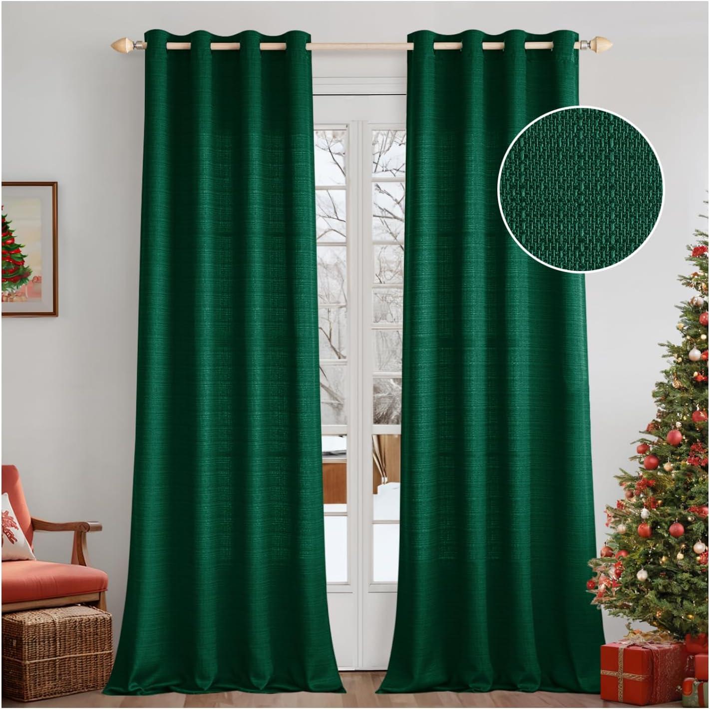 imageMIULEE Christmas Hunter Green Faux Linen Textured Curtains 84 Inch Length 2 Panels Set for Living Room Bedroom Farmhouse Burlap Weave Semi Sheer Grommet Top Light Filtering Window Drapes W37xL84Hunter Green