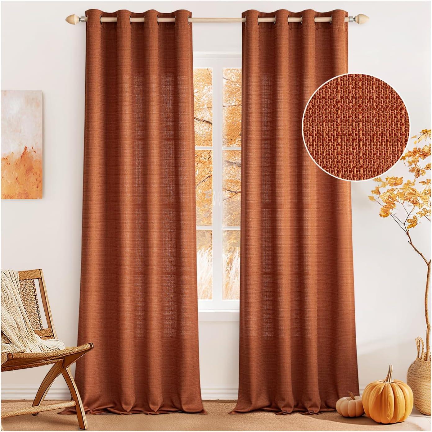 imageMIULEE Christmas Hunter Green Faux Linen Textured Curtains 84 Inch Length 2 Panels Set for Living Room Bedroom Farmhouse Burlap Weave Semi Sheer Grommet Top Light Filtering Window Drapes W37xL84Burnt Orange