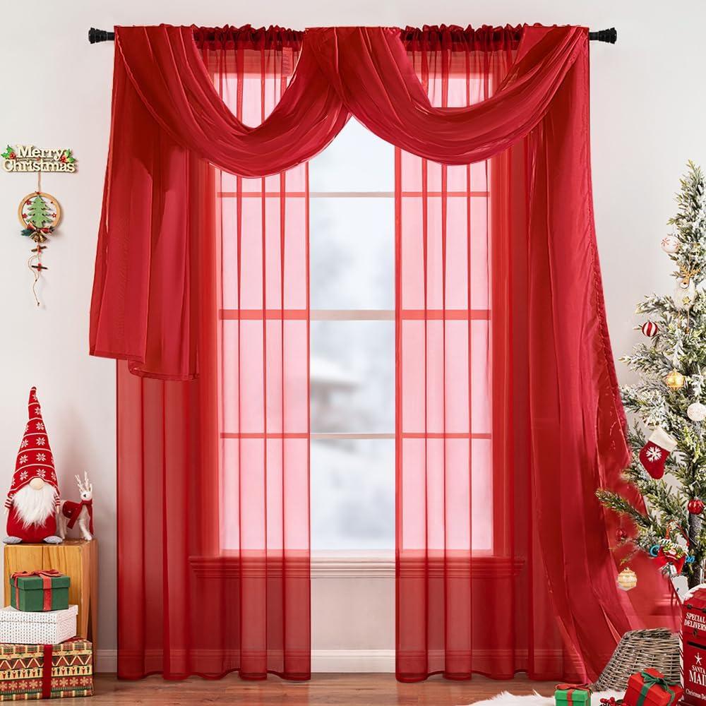 imageMIULEE Christmas Luxury Window Scarf Sheer Voile Elegant Topper Long Window Valance Solid Window Treatment Swags Drapes for Window Ceremony Wedding Canopy Bed 54quot x 216quot Maroon Red 1 PieceRed