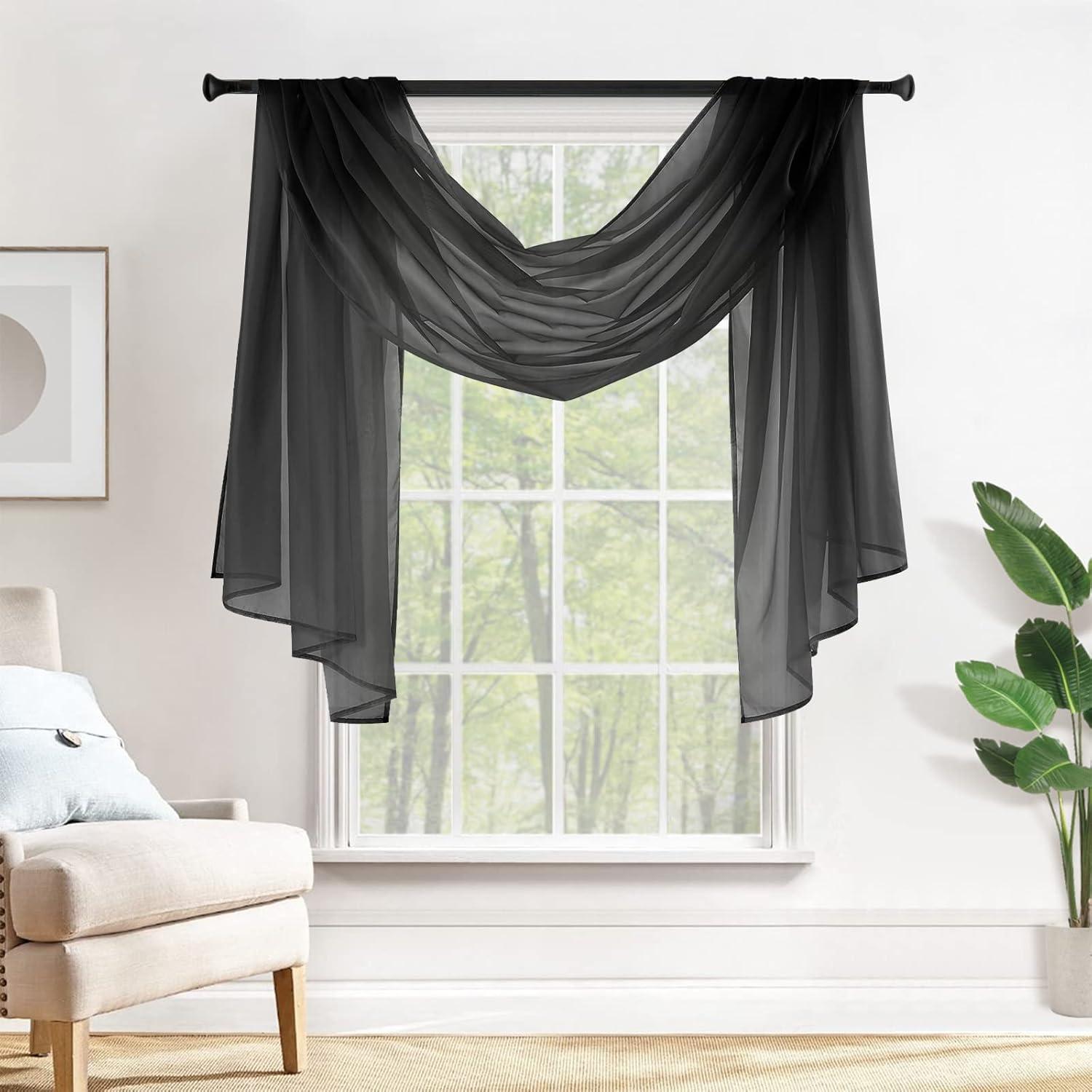 imageMIULEE Christmas Luxury Window Scarf Sheer Voile Elegant Topper Long Window Valance Solid Window Treatment Swags Drapes for Window Ceremony Wedding Canopy Bed 54quot x 216quot Maroon Red 1 PieceBlack