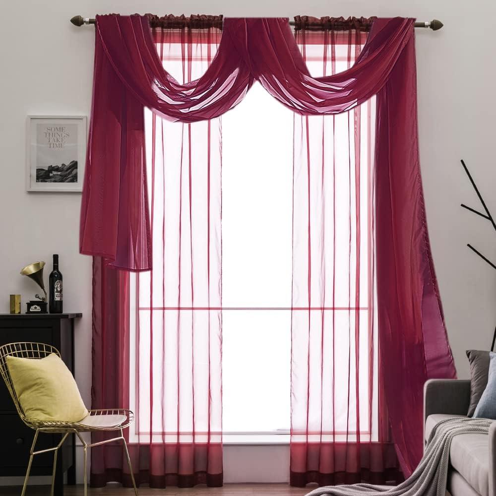 imageMIULEE Christmas Luxury Window Scarf Sheer Voile Elegant Topper Long Window Valance Solid Window Treatment Swags Drapes for Window Ceremony Wedding Canopy Bed 54quot x 216quot Maroon Red 1 PieceMaroon Red