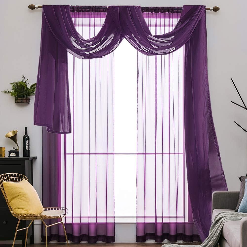 imageMIULEE Christmas Luxury Window Scarf Sheer Voile Elegant Topper Long Window Valance Solid Window Treatment Swags Drapes for Window Ceremony Wedding Canopy Bed 54quot x 216quot Maroon Red 1 PiecePlum Purple