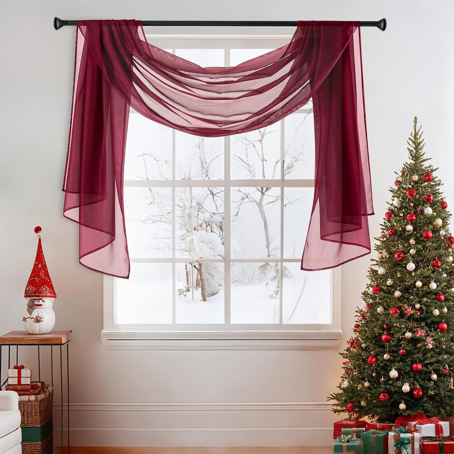 imageMIULEE Christmas Luxury Window Scarf Sheer Voile Elegant Topper Long Window Valance Solid Window Treatment Swags Drapes for Window Ceremony Wedding Canopy Bed 54quot x 216quot Maroon Red 1 PieceMaroon Red