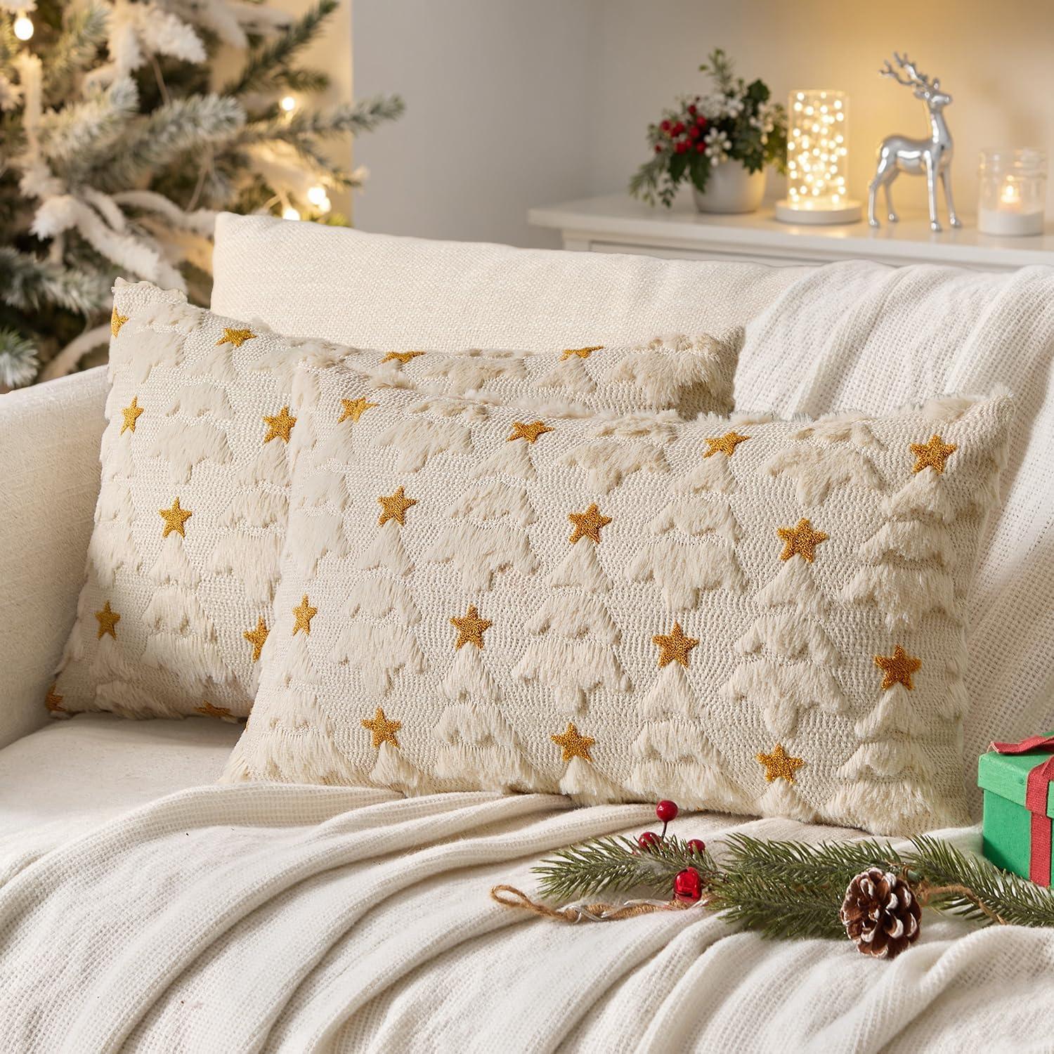 imageMIULEE Christmas Pillow Covers 18x18 Inch Set of 2 Beige Christmas Tree Plush Faux Fur Pillowcases Soft Decorative Throw Pillow Cases for Couch Sofa Living Room Winter Xmas Holiday Home DecorBeige