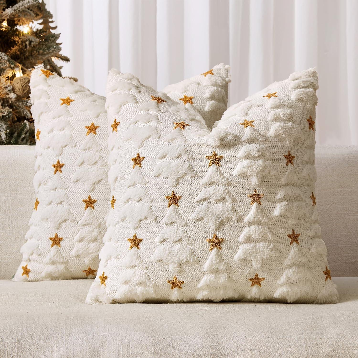 imageMIULEE Christmas Pillow Covers 18x18 Inch Set of 2 Beige Christmas Tree Plush Faux Fur Pillowcases Soft Decorative Throw Pillow Cases for Couch Sofa Living Room Winter Xmas Holiday Home DecorCream White