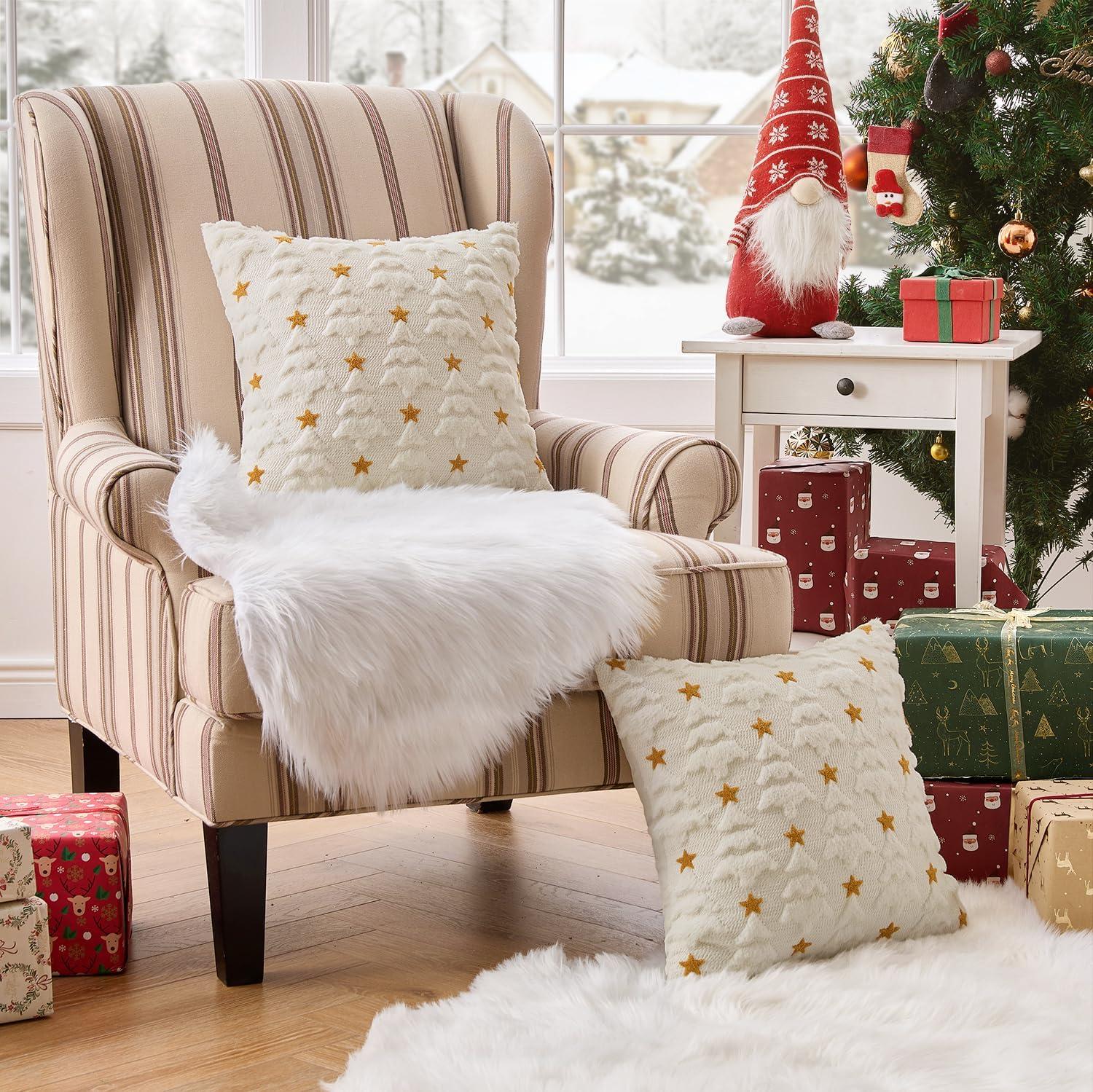 imageMIULEE Christmas Pillow Covers 18x18 Inch Set of 2 Beige Christmas Tree Plush Faux Fur Pillowcases Soft Decorative Throw Pillow Cases for Couch Sofa Living Room Winter Xmas Holiday Home DecorCream White