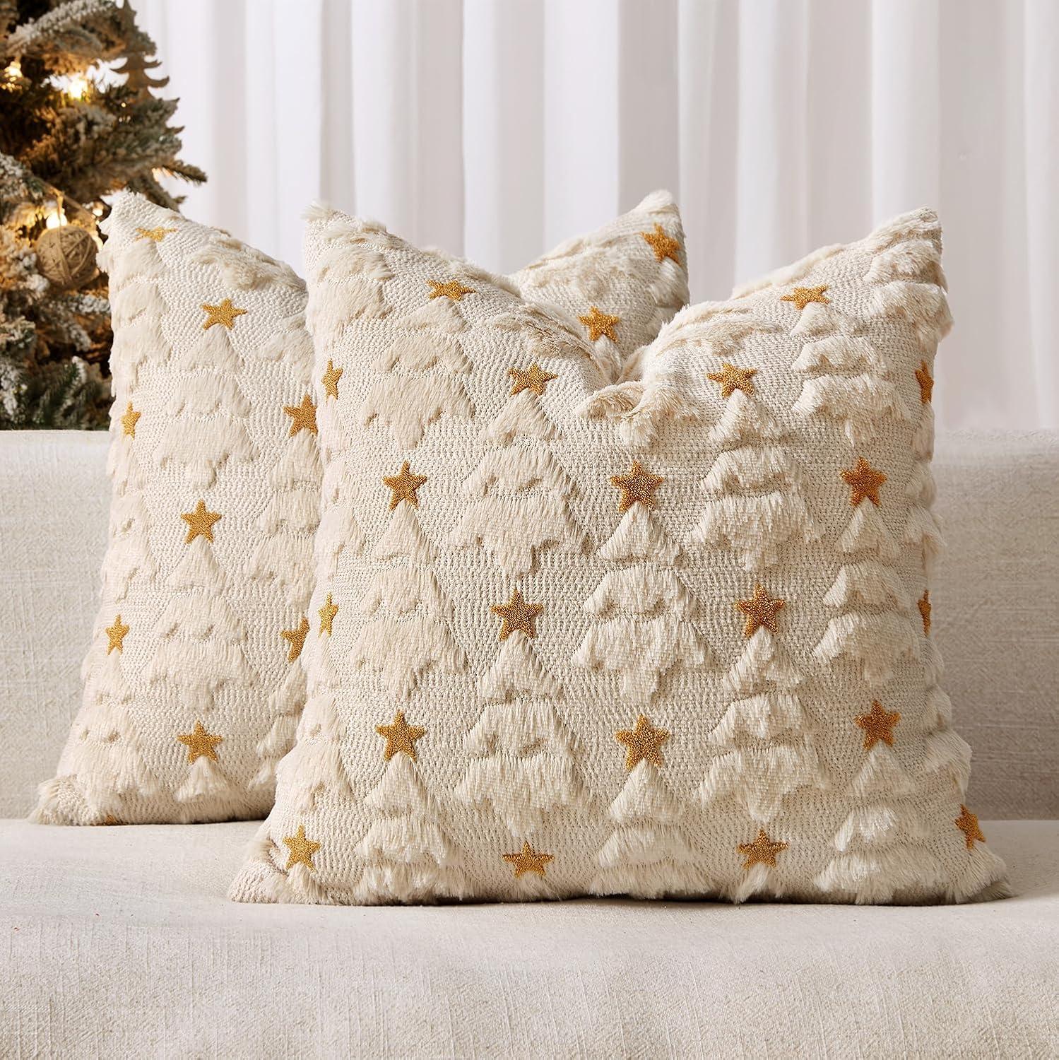 imageMIULEE Christmas Pillow Covers 18x18 Inch Set of 2 Beige Christmas Tree Plush Faux Fur Pillowcases Soft Decorative Throw Pillow Cases for Couch Sofa Living Room Winter Xmas Holiday Home DecorBeige
