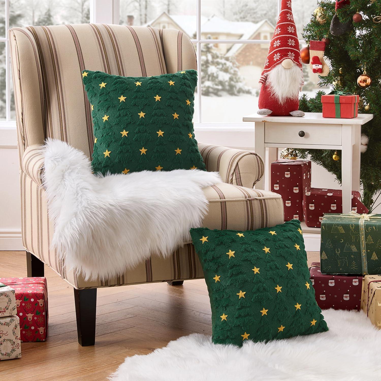 imageMIULEE Christmas Pillow Covers 18x18 Inch Set of 2 Beige Christmas Tree Plush Faux Fur Pillowcases Soft Decorative Throw Pillow Cases for Couch Sofa Living Room Winter Xmas Holiday Home DecorGreen