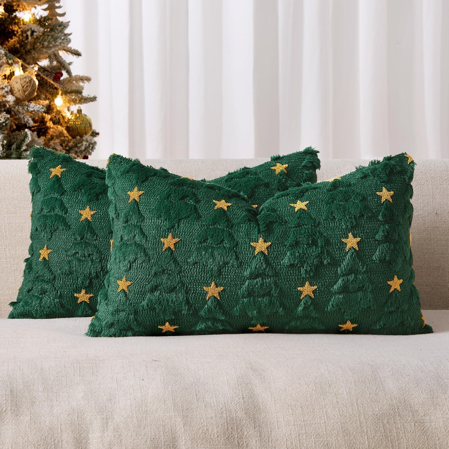 imageMIULEE Christmas Pillow Covers 18x18 Inch Set of 2 Beige Christmas Tree Plush Faux Fur Pillowcases Soft Decorative Throw Pillow Cases for Couch Sofa Living Room Winter Xmas Holiday Home DecorGreen
