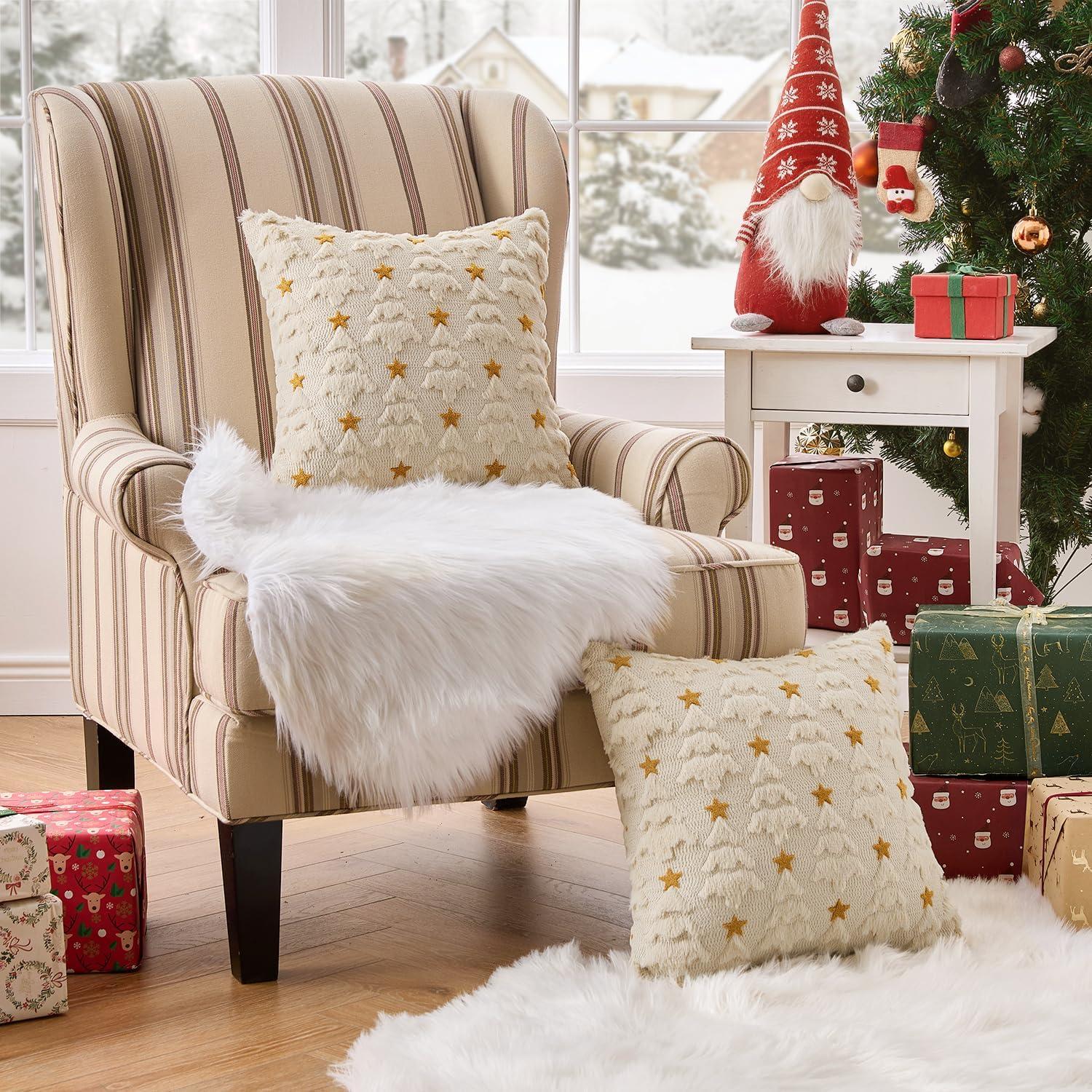 imageMIULEE Christmas Pillow Covers 18x18 Inch Set of 2 Beige Christmas Tree Plush Faux Fur Pillowcases Soft Decorative Throw Pillow Cases for Couch Sofa Living Room Winter Xmas Holiday Home DecorBeige