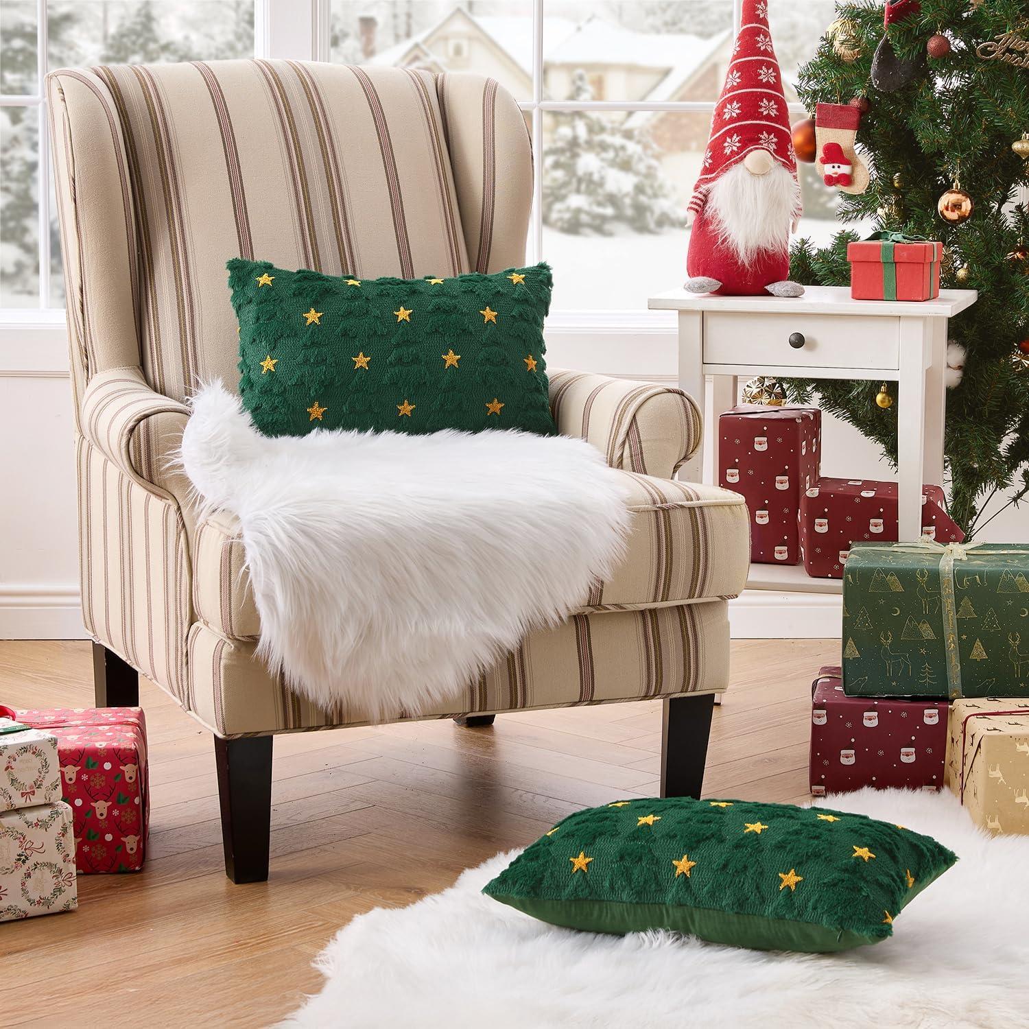 imageMIULEE Christmas Pillow Covers 18x18 Inch Set of 2 Beige Christmas Tree Plush Faux Fur Pillowcases Soft Decorative Throw Pillow Cases for Couch Sofa Living Room Winter Xmas Holiday Home DecorGreen