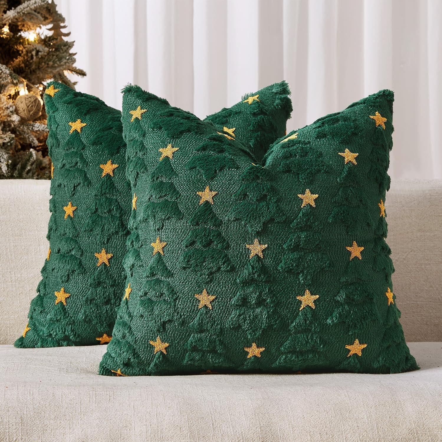imageMIULEE Christmas Pillow Covers 18x18 Inch Set of 2 Beige Christmas Tree Plush Faux Fur Pillowcases Soft Decorative Throw Pillow Cases for Couch Sofa Living Room Winter Xmas Holiday Home DecorGreen