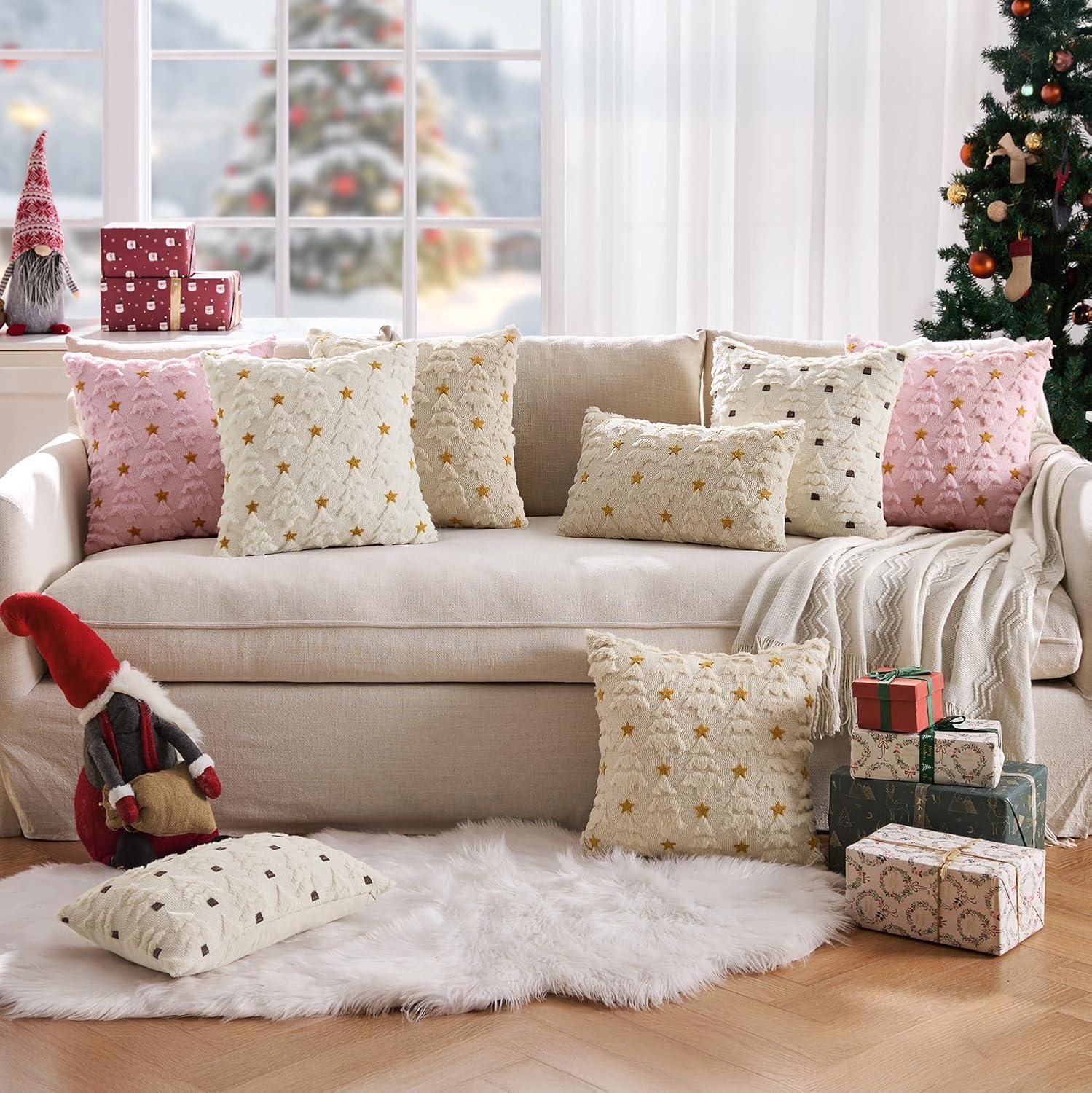imageMIULEE Christmas Pillow Covers 18x18 Inch Set of 2 Beige Christmas Tree Plush Faux Fur Pillowcases Soft Decorative Throw Pillow Cases for Couch Sofa Living Room Winter Xmas Holiday Home DecorCream White