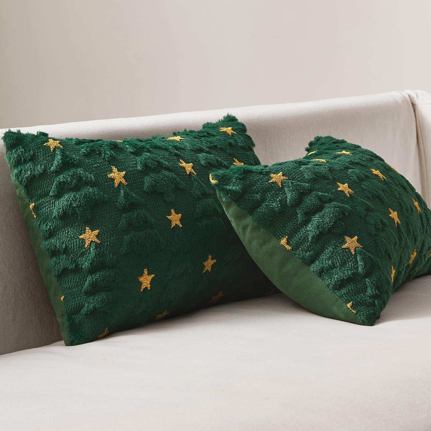 imageMIULEE Christmas Pillow Covers 18x18 Inch Set of 2 Beige Christmas Tree Plush Faux Fur Pillowcases Soft Decorative Throw Pillow Cases for Couch Sofa Living Room Winter Xmas Holiday Home DecorGreen