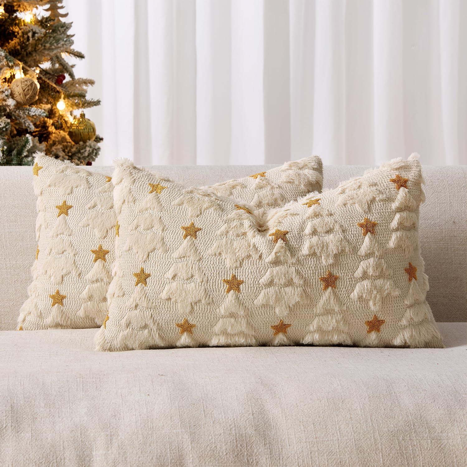 imageMIULEE Christmas Pillow Covers 18x18 Inch Set of 2 Beige Christmas Tree Plush Faux Fur Pillowcases Soft Decorative Throw Pillow Cases for Couch Sofa Living Room Winter Xmas Holiday Home DecorBeige