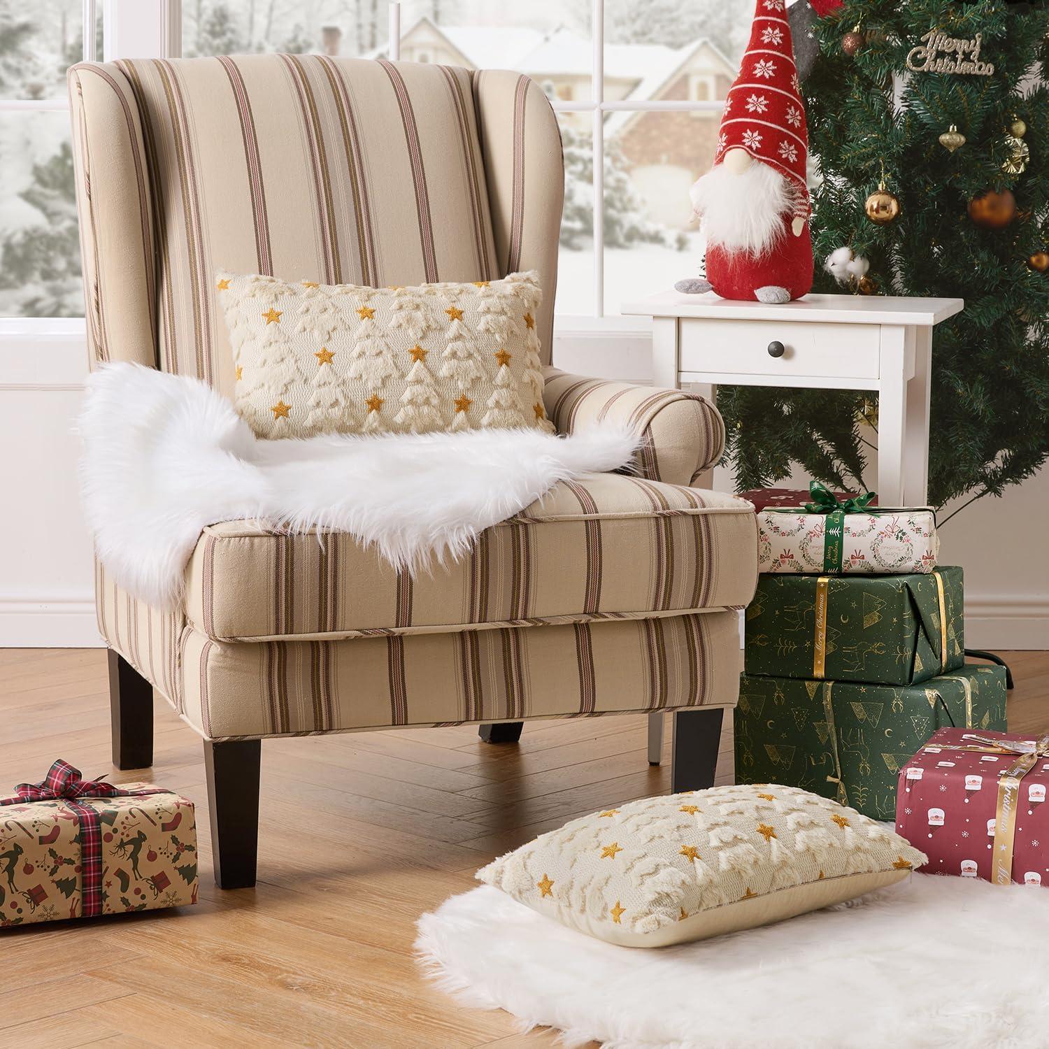 imageMIULEE Christmas Pillow Covers 18x18 Inch Set of 2 Beige Christmas Tree Plush Faux Fur Pillowcases Soft Decorative Throw Pillow Cases for Couch Sofa Living Room Winter Xmas Holiday Home DecorBeige
